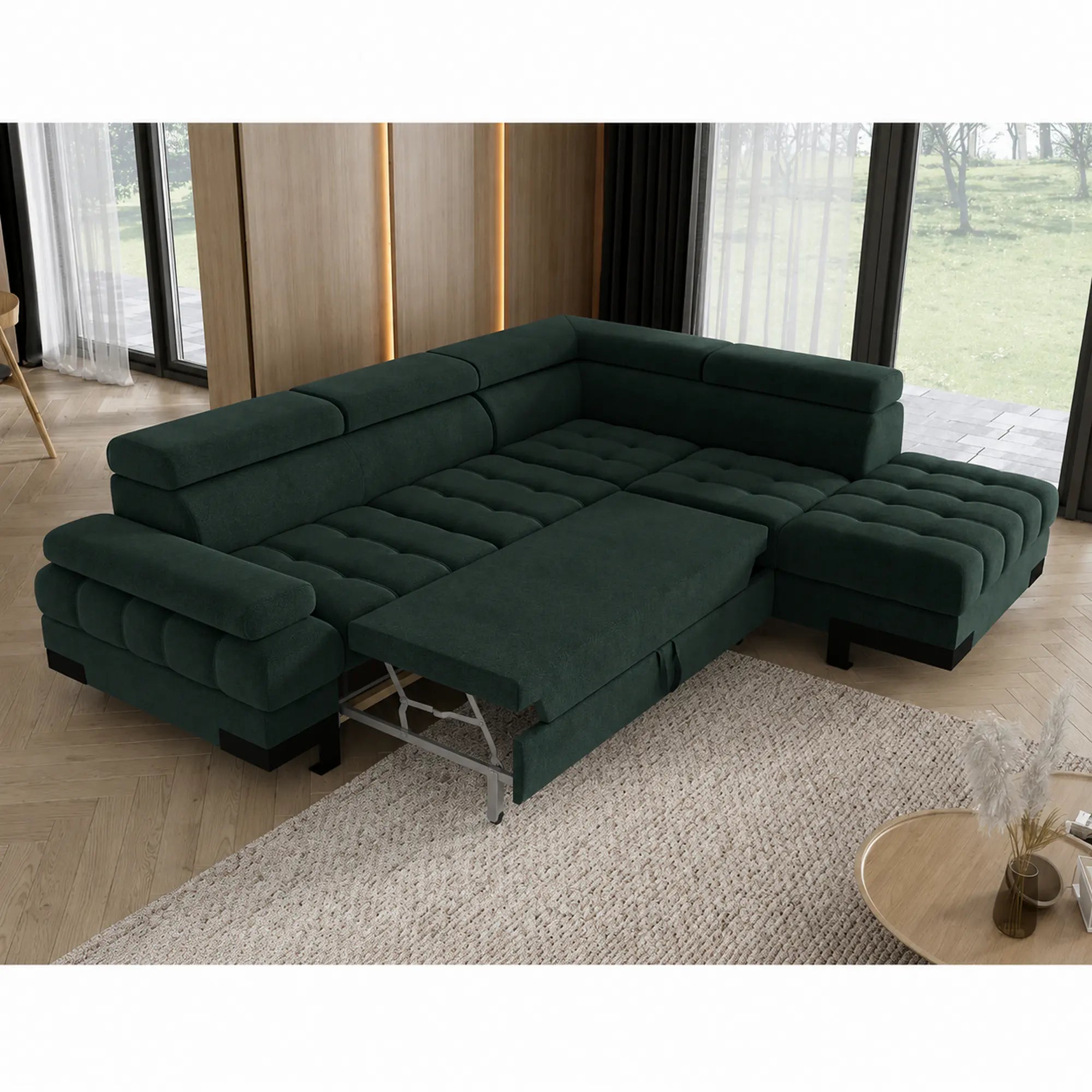 Coltar extensibil SELVA L, sezlong dreapta, stofa catifelata verde inchis - Element 12, cu lada depozitare si tetiere reglabile, 263x223x95 cm
