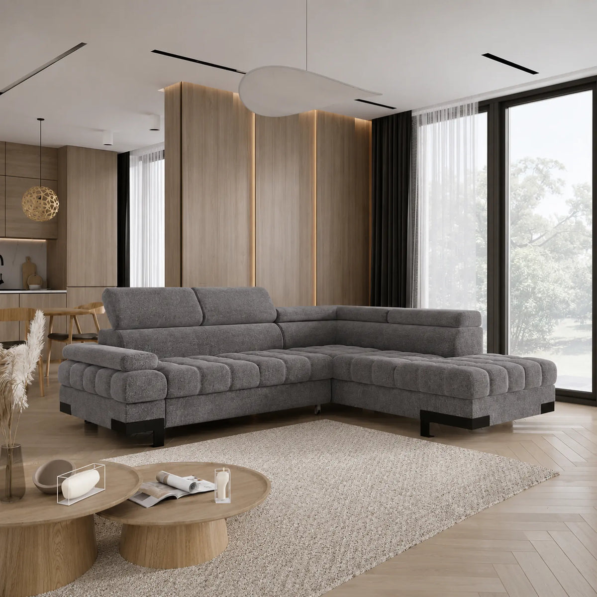Coltar extensibil SELVA L, sezlong dreapta, stofa clasica gri - Austin 19, cu lada depozitare, 263x223x95 cm