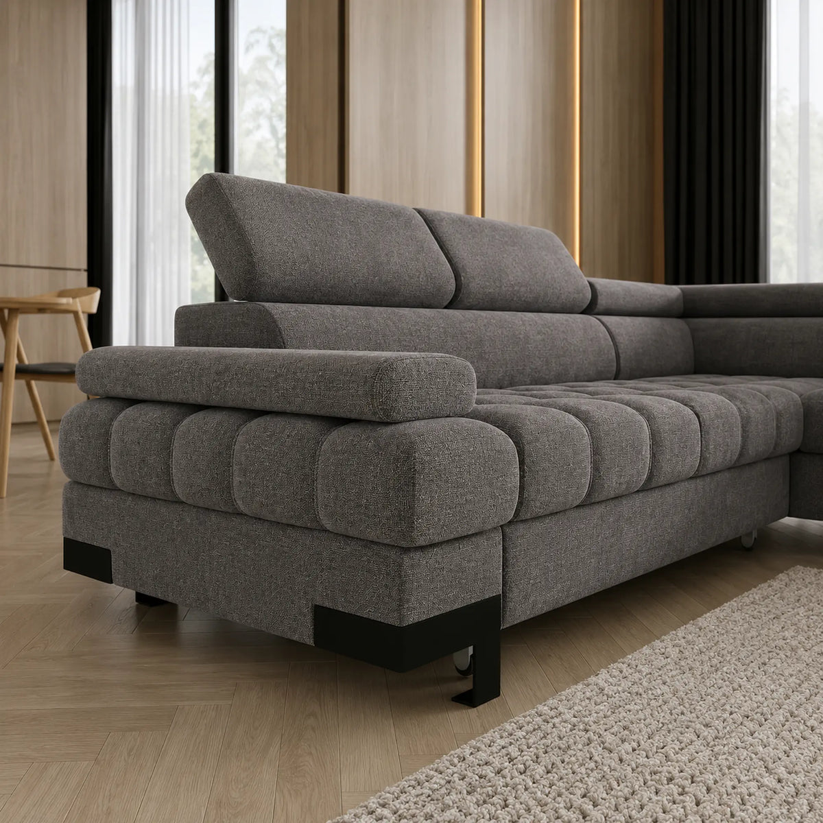 Coltar extensibil SELVA L, sezlong dreapta, stofa clasica gri - Austin 19, cu lada depozitare, 263x223x95 cm