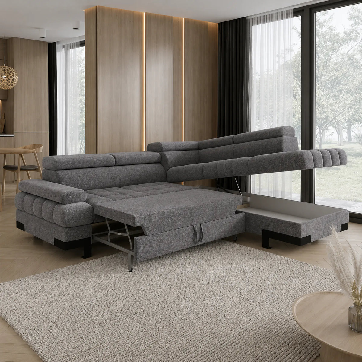 Coltar extensibil SELVA L, sezlong dreapta, stofa clasica gri - Austin 19, cu lada depozitare, 263x223x95 cm