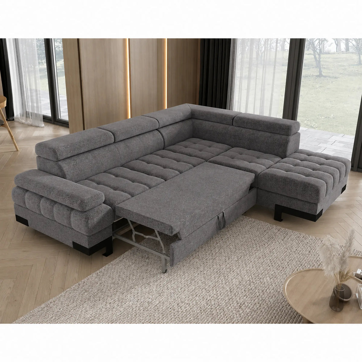 Coltar extensibil SELVA L, sezlong dreapta, stofa clasica gri - Austin 19, cu lada depozitare, 263x223x95 cm
