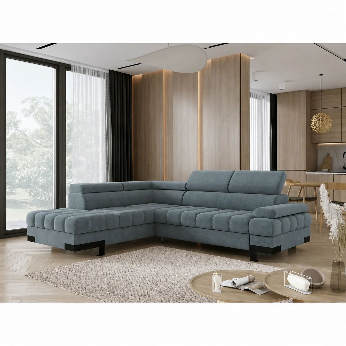 Coltar extensibil SELVA L, sezlong stanga, stofa catifelata albastru - Palladium 14, cu lada depozitare si tetiere reglabile, 263x223x95 cm