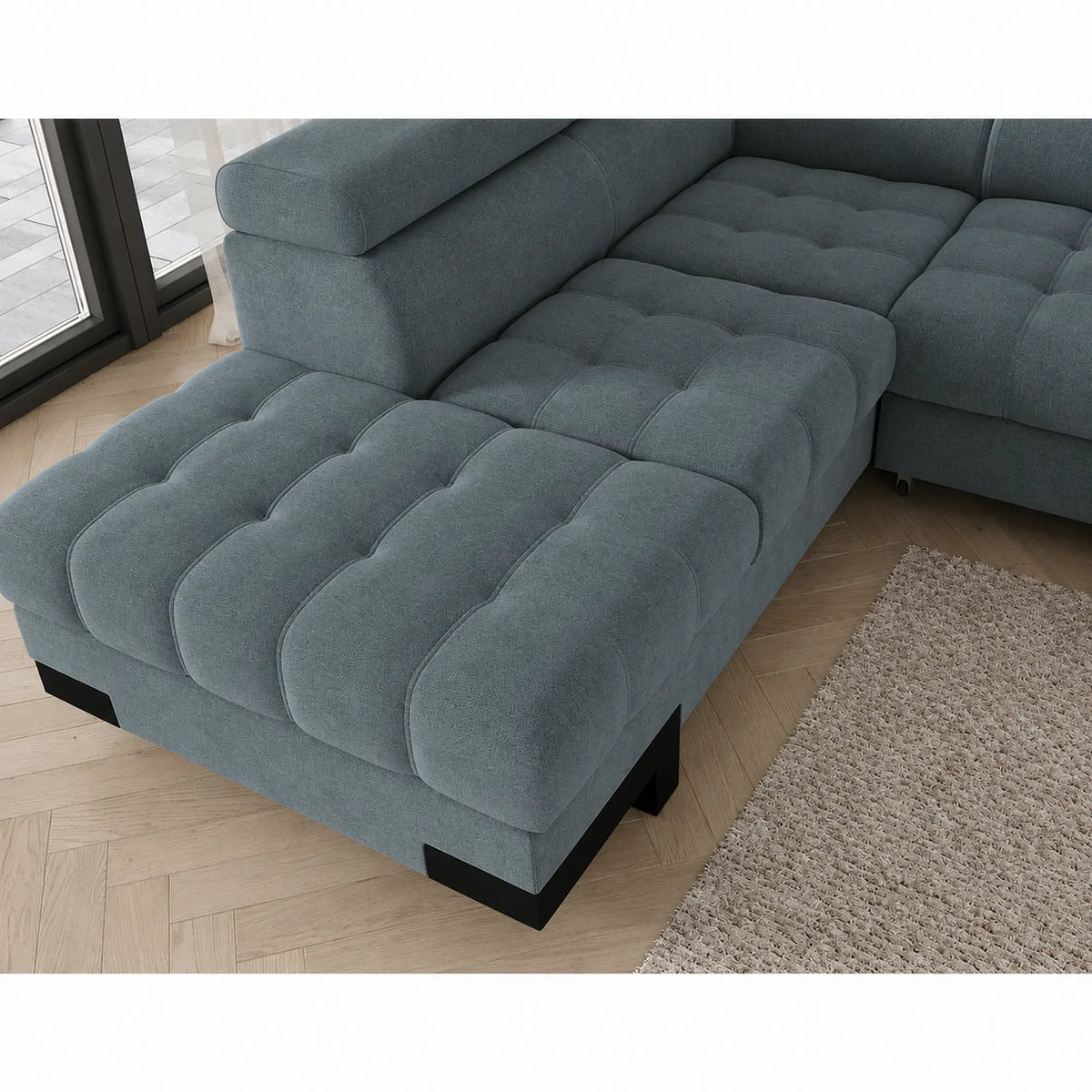 Coltar extensibil SELVA L, sezlong stanga, stofa catifelata albastru - Palladium 14, cu lada depozitare si tetiere reglabile, 263x223x95 cm