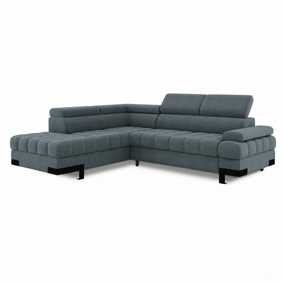 Coltar extensibil SELVA L, sezlong stanga, stofa catifelata albastru - Palladium 14, cu lada depozitare si tetiere reglabile, 263x223x95 cm