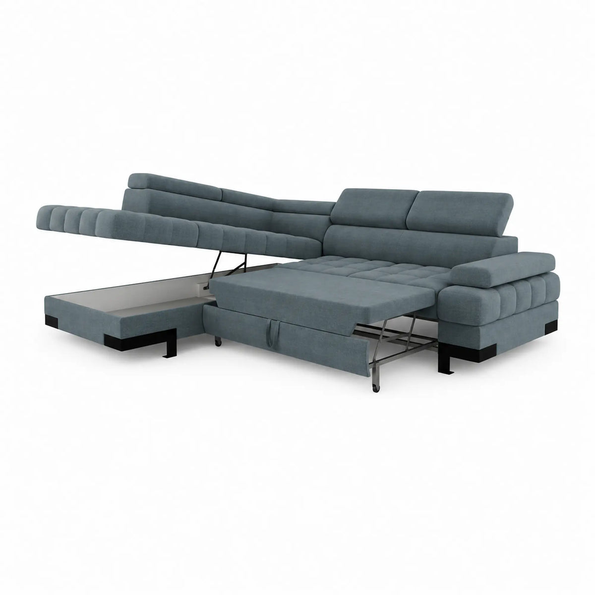 Coltar extensibil SELVA L, sezlong stanga, stofa catifelata albastru - Palladium 14, cu lada depozitare si tetiere reglabile, 263x223x95 cm