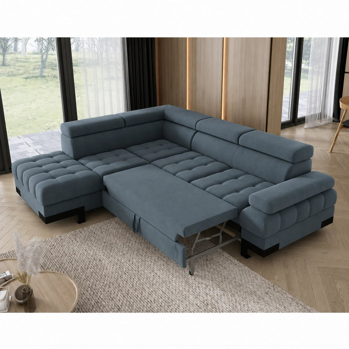 Coltar extensibil SELVA L, sezlong stanga, stofa catifelata turcoaz inchis - Riviera 87, cu lada depozitare si tetiere reglabile, 263x223x95 cm
