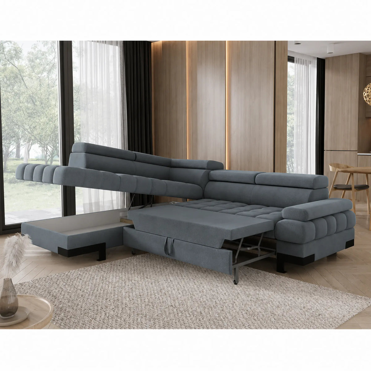 Coltar extensibil SELVA L, sezlong stanga, stofa catifelata turcoaz inchis - Riviera 87, cu lada depozitare si tetiere reglabile, 263x223x95 cm