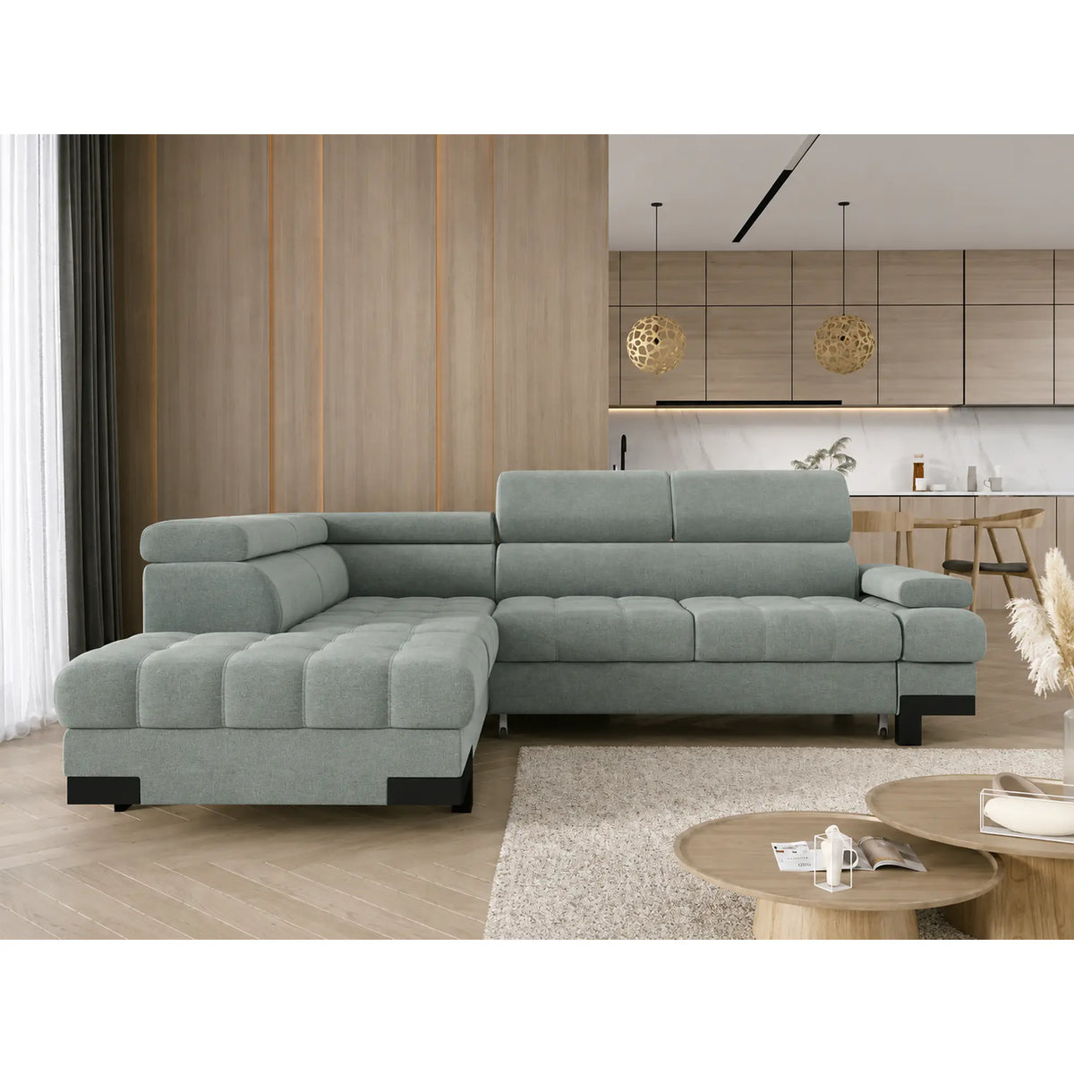 Coltar extensibil SELVA L, sezlong stanga, stofa catifelata verde menta - Salvador 12, cu lada depozitare si tetiere reglabile, 263x223x95 cm
