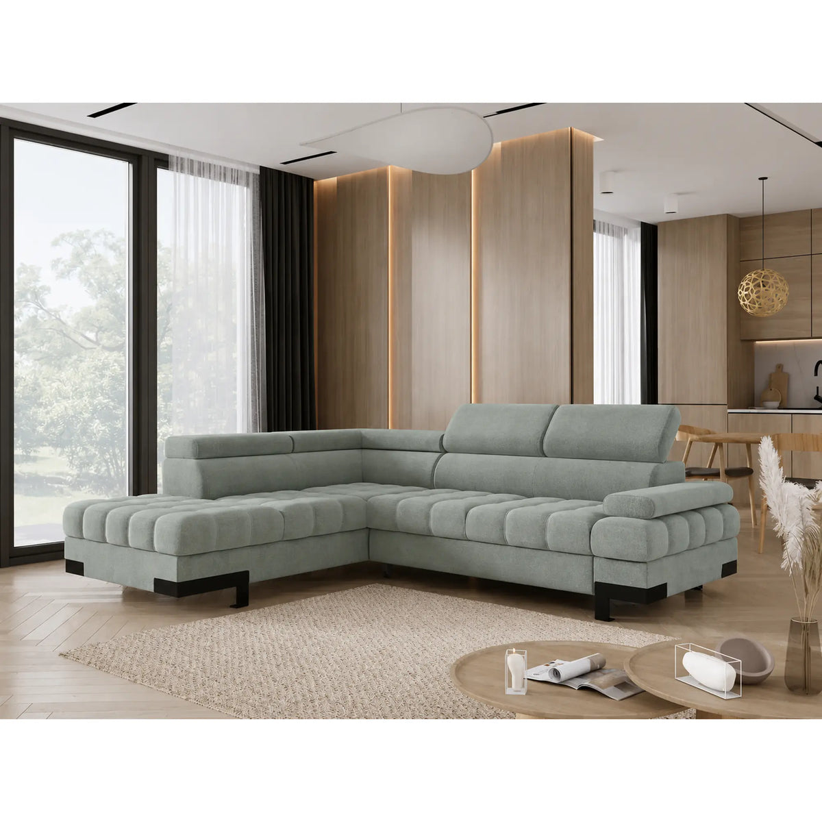 Coltar extensibil SELVA L, sezlong stanga, stofa catifelata verde menta - Salvador 12, cu lada depozitare si tetiere reglabile, 263x223x95 cm