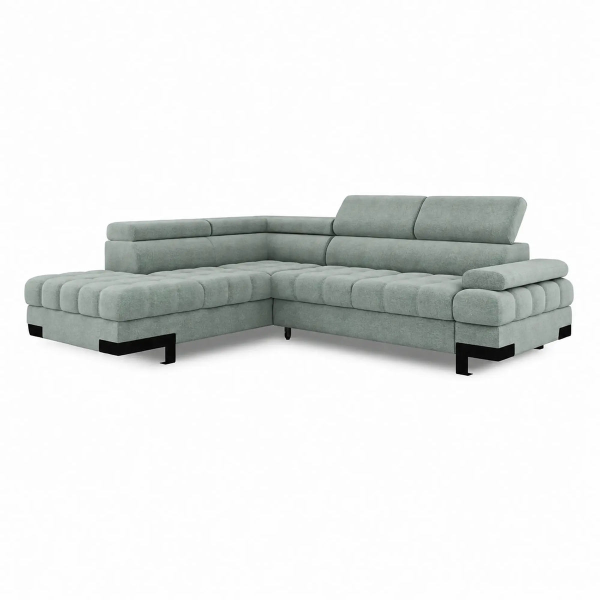Coltar extensibil SELVA L, sezlong stanga, stofa catifelata verde menta - Salvador 12, cu lada depozitare si tetiere reglabile, 263x223x95 cm