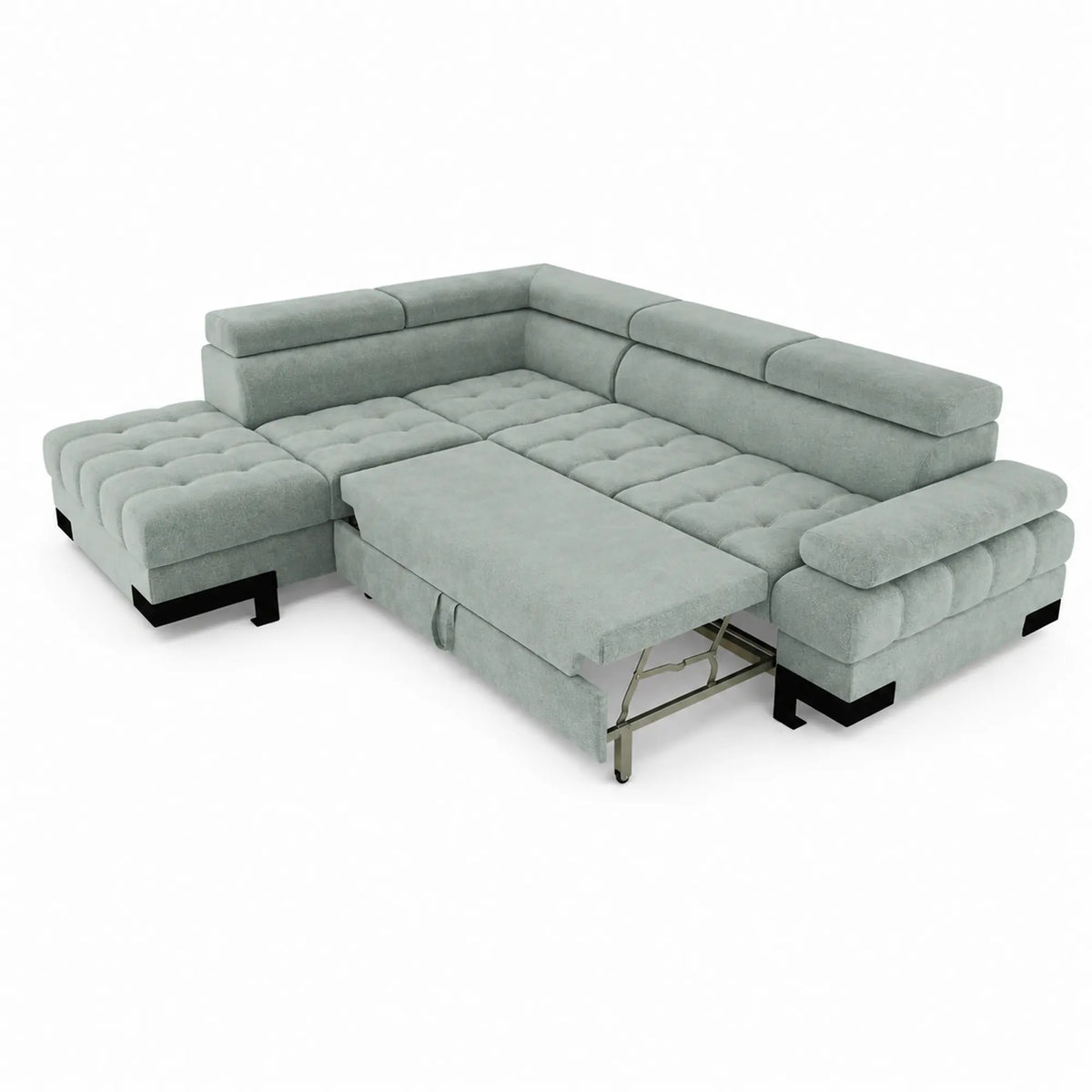 Coltar extensibil SELVA L, sezlong stanga, stofa catifelata verde menta - Salvador 12, cu lada depozitare si tetiere reglabile, 263x223x95 cm