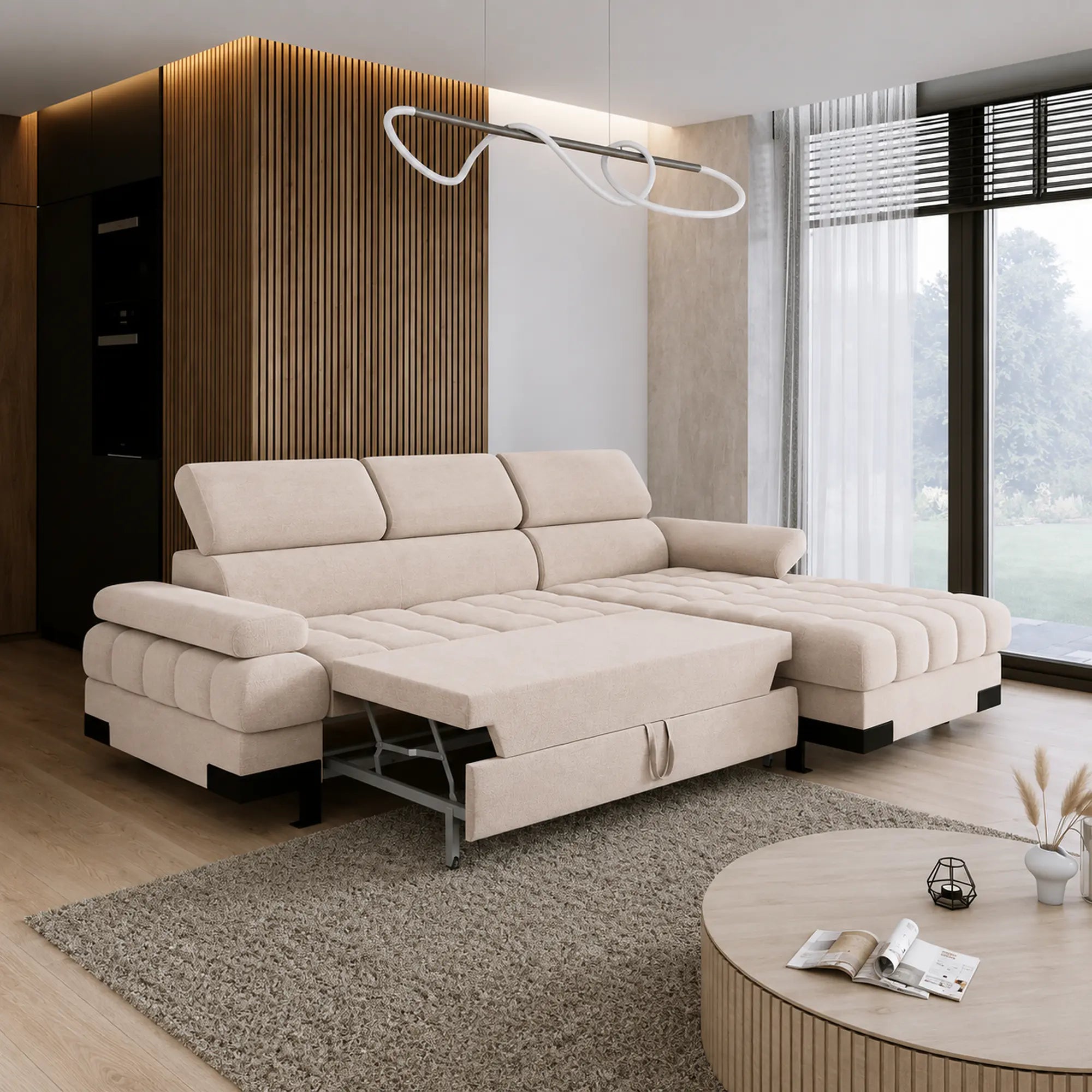 Coltar extensibil SELVA MINI, sezlong dreapta, stofa catifelata bej - Palladium 02, cu lada depozitare si tetiere reglabile, 270x173x95 cm