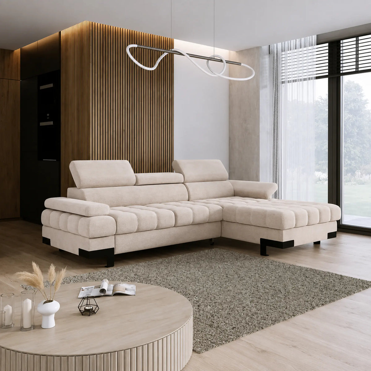 Coltar extensibil SELVA MINI, sezlong dreapta, stofa catifelata bej - Palladium 02, cu lada depozitare si tetiere reglabile, 270x173x95 cm