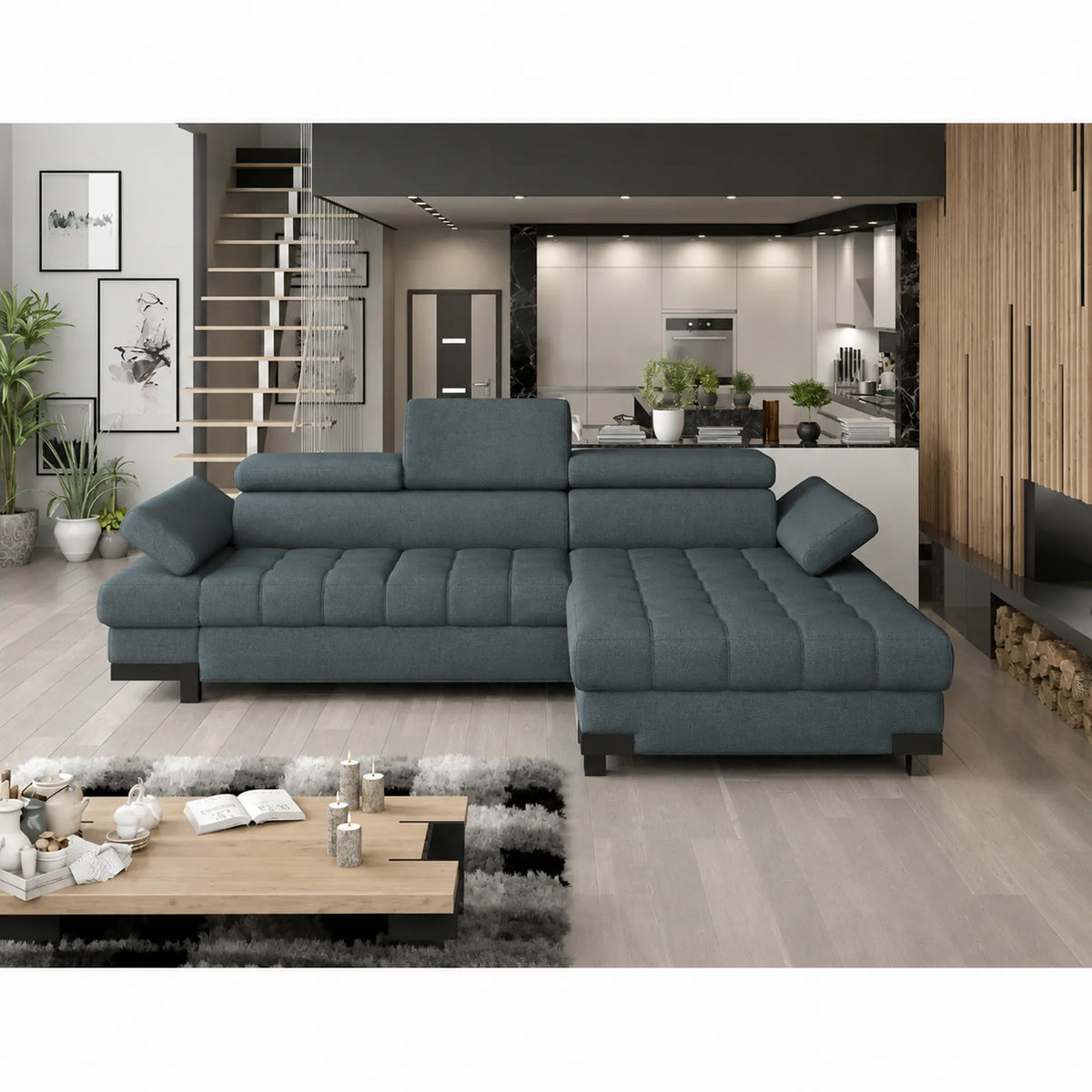 Coltar extensibil SELVA MINI, sezlong dreapta, stofa catifelata turcoaz inchis - Riviera 87, cu lada depozitare si tetiere reglabile, 270x173x95 cm