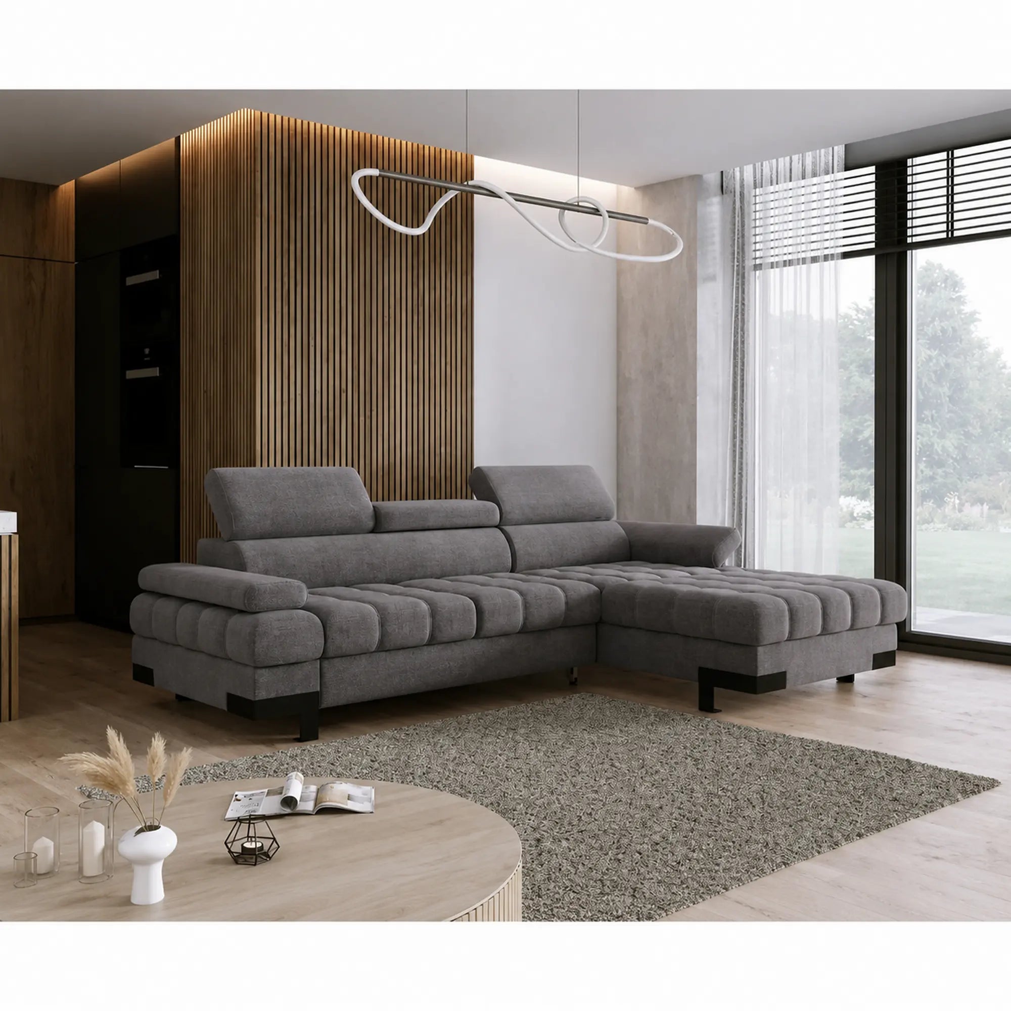 Coltar extensibil SELVA MINI, sezlong dreapta, stofa gri antracit - Salvador 15, cu lada depozitare si tetiere reglabile, 270x173x95 cm