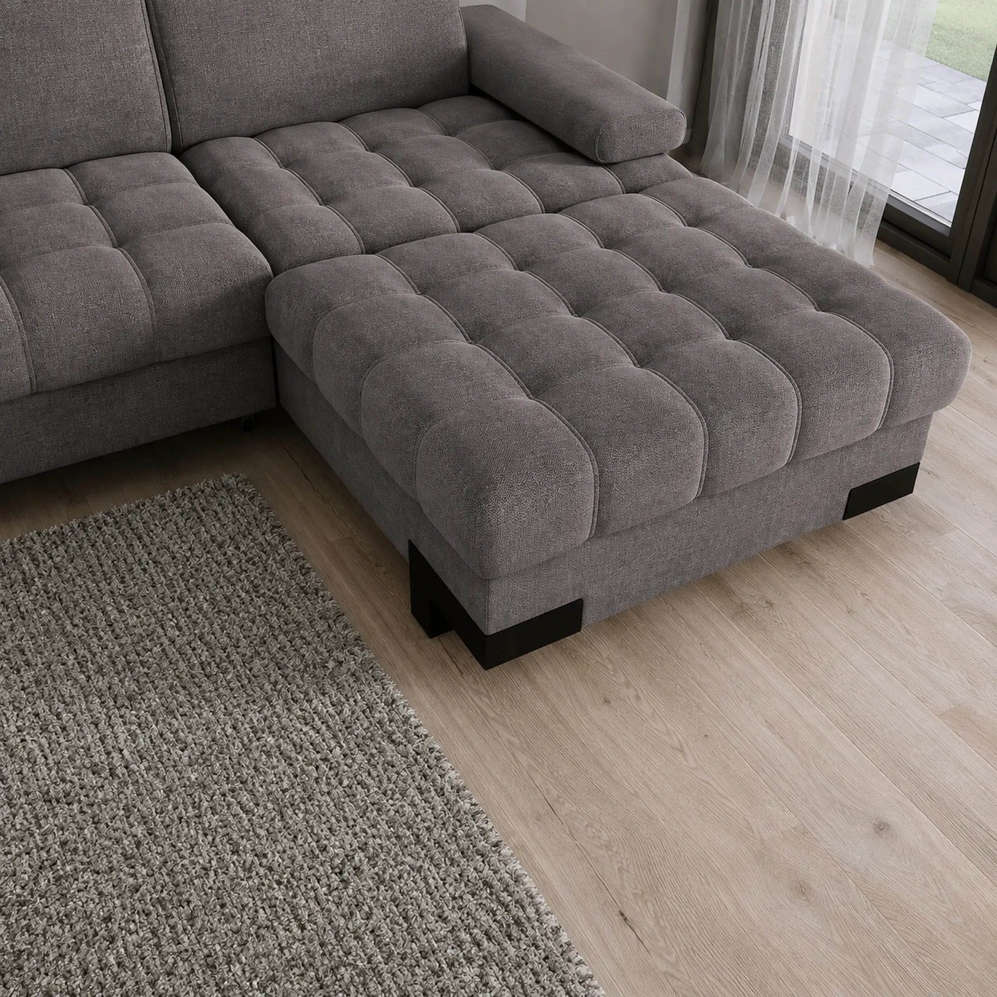 Coltar extensibil SELVA MINI, sezlong dreapta, stofa gri antracit - Salvador 15, cu lada depozitare si tetiere reglabile, 270x173x95 cm