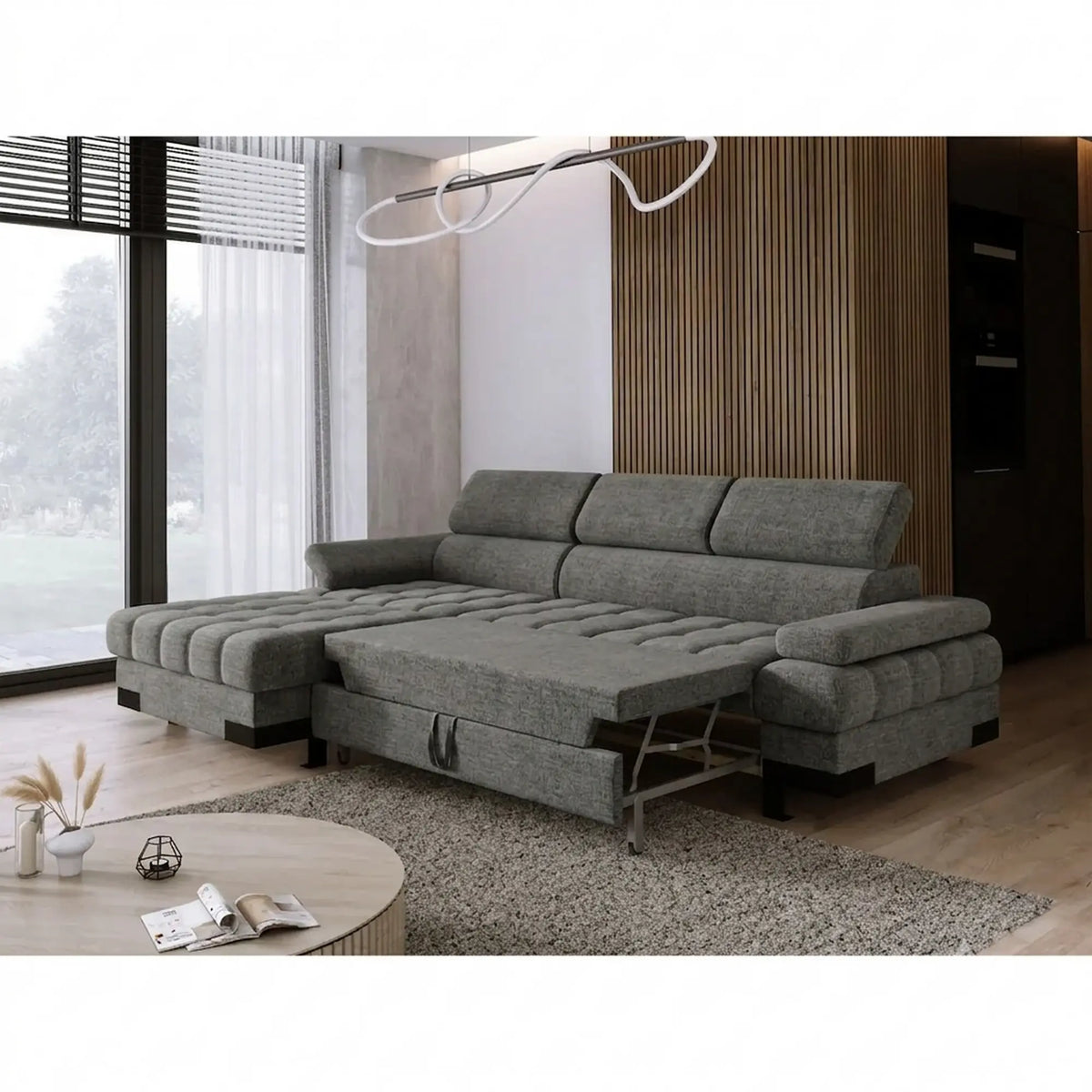 Coltar extensibil SELVA MINI, sezlong stanga, stofa gri - Rosario 456, cu lada depozitare si tetiere reglabile, 270x173x95 cm
