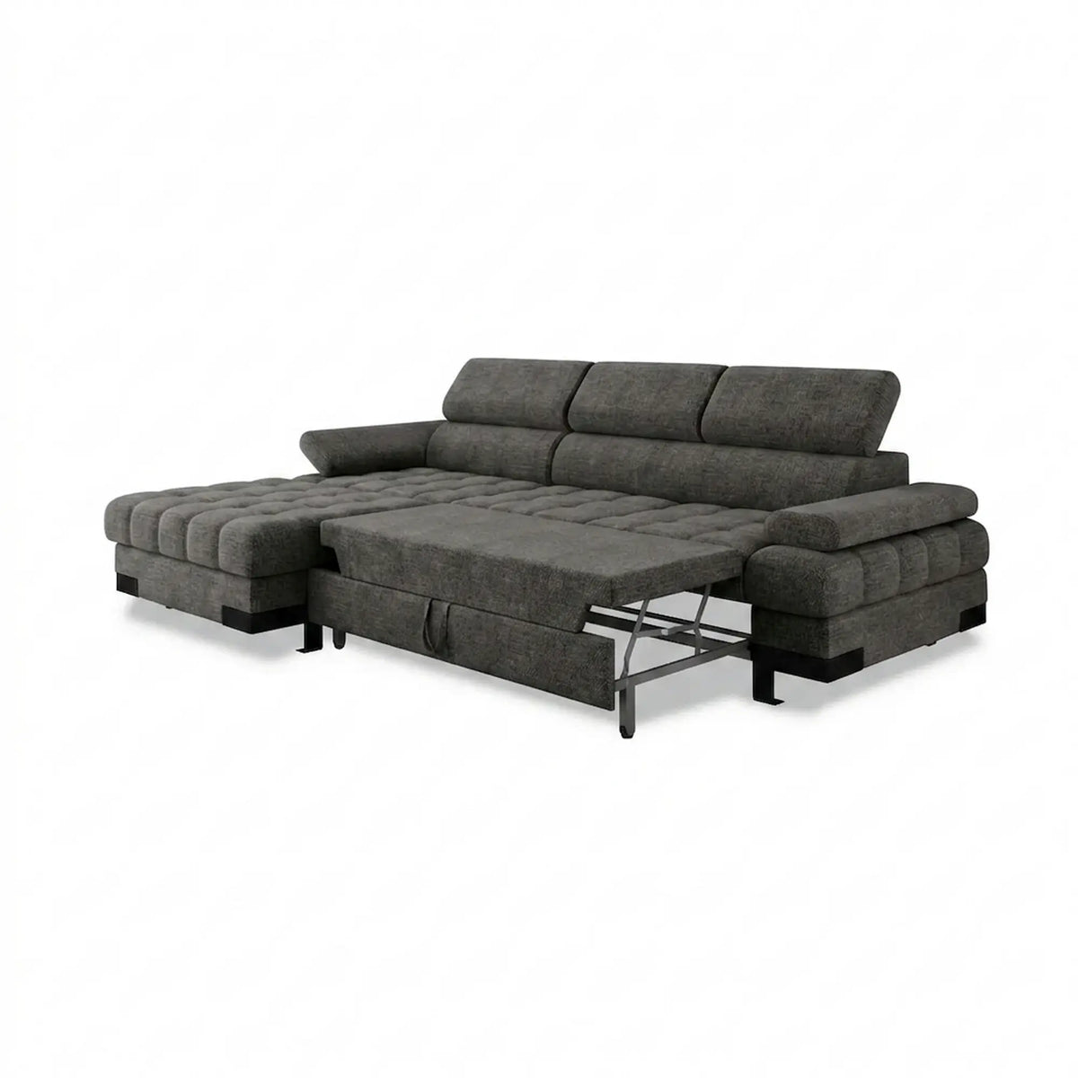 Coltar extensibil SELVA MINI, sezlong stanga, stofa gri - Rosario 456, cu lada depozitare si tetiere reglabile, 270x173x95 cm