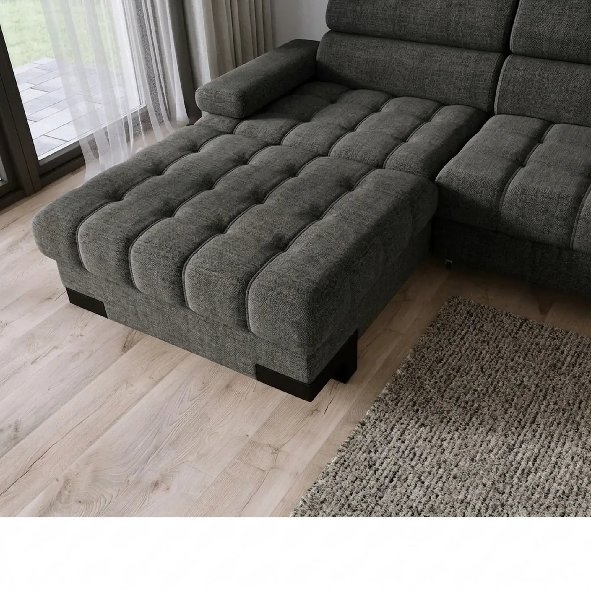 Coltar extensibil SELVA MINI, sezlong stanga, stofa gri - Rosario 456, cu lada depozitare si tetiere reglabile, 270x173x95 cm