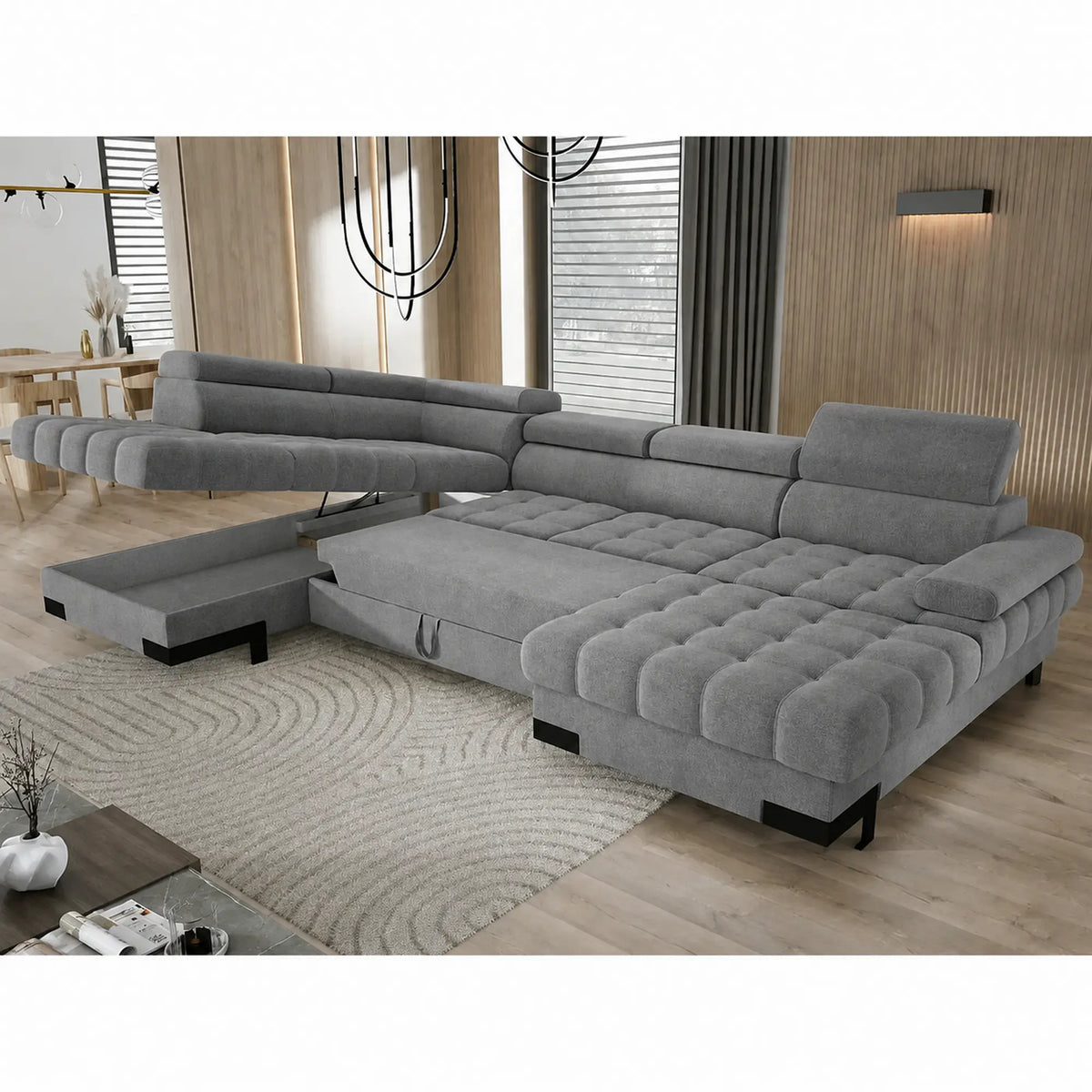Coltar extensibil SELVA XL, sezlong stanga, stofa catifelata gri - Riviera 91, cu lada depozitare si tetiere reglabile, 339x223x95 cm