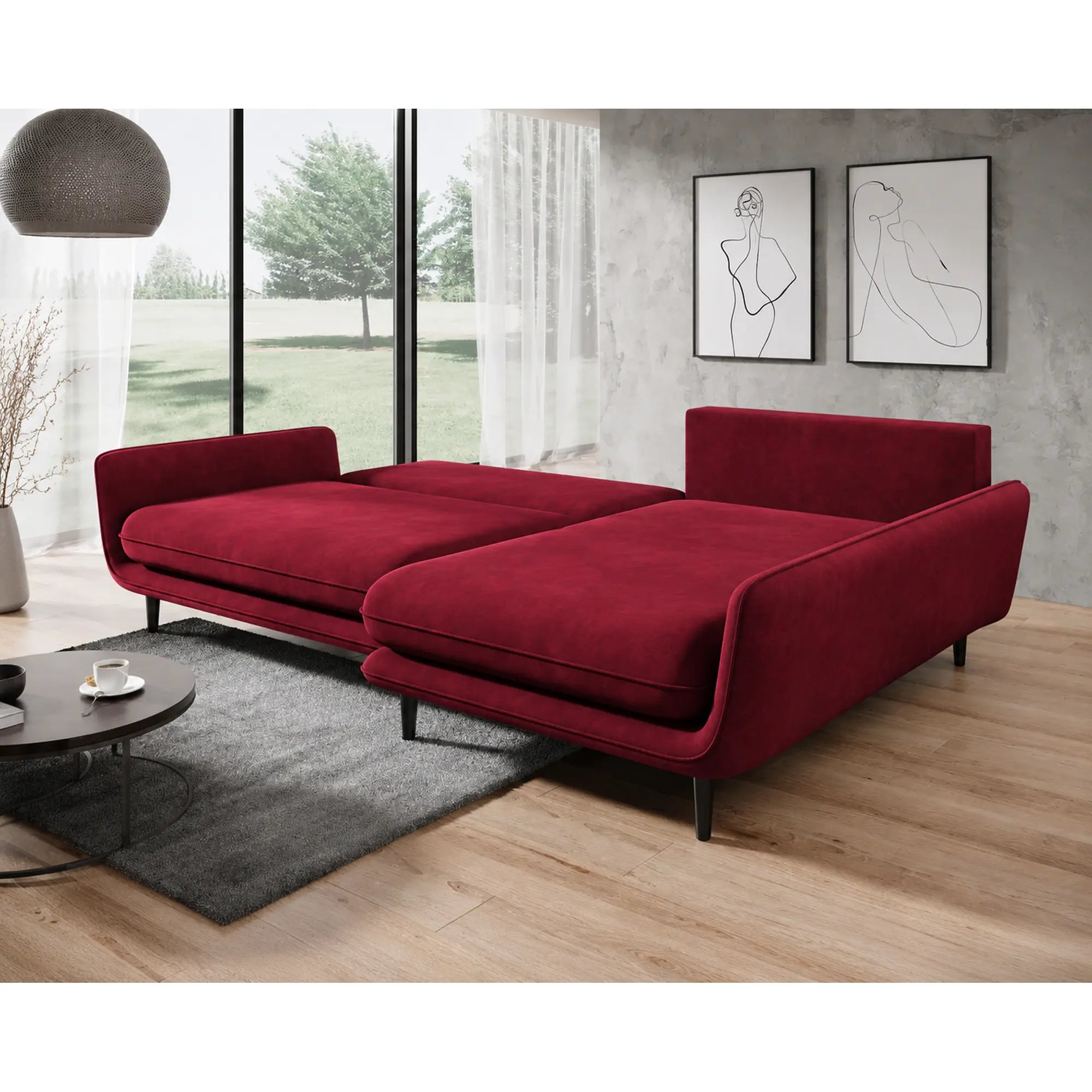 Coltar extensibil SOLANO, sezlong dreapta, stofa catifelata rosu - Riviera 61, cu lada depozitare, 260x167x83 cm
