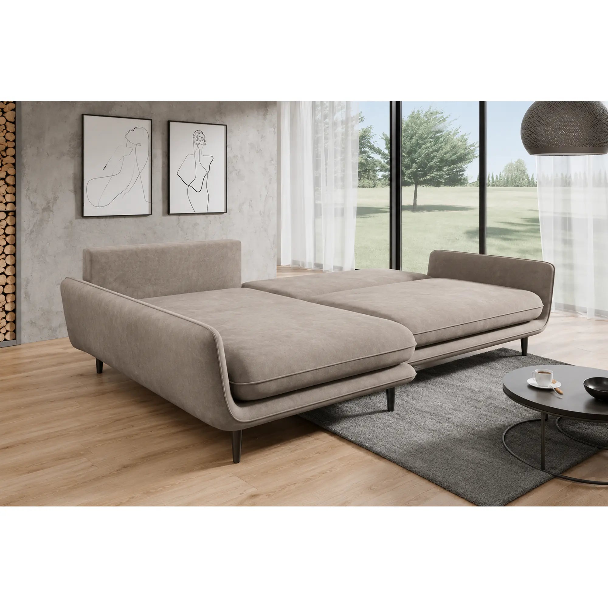 Coltar extensibil SOLANO, sezlong stanga, stofa catifelata bej - Whisper 3, cu lada depozitare, 260x167x83 cm
