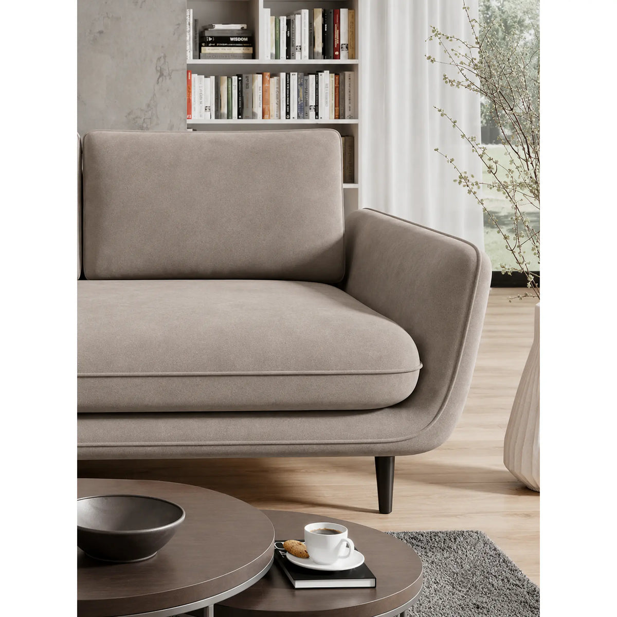 Coltar extensibil SOLANO, sezlong stanga, stofa catifelata bej - Whisper 3, cu lada depozitare, 260x167x83 cm