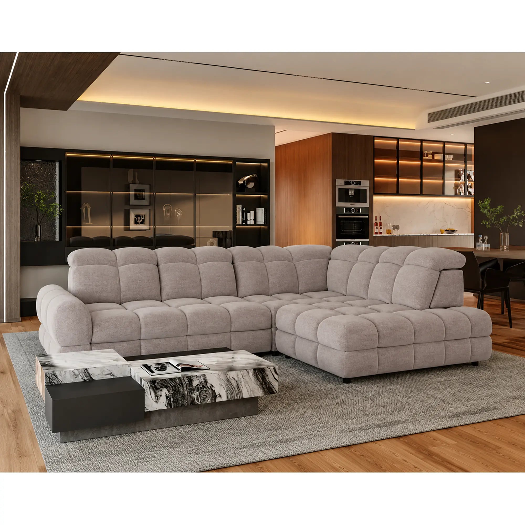 Coltar extensibil TOLLO L, sezlong dreapta, stofa catifelata bej - Whisper 3, cu lada depozitare si reglaj electric, 302x220x106 cm