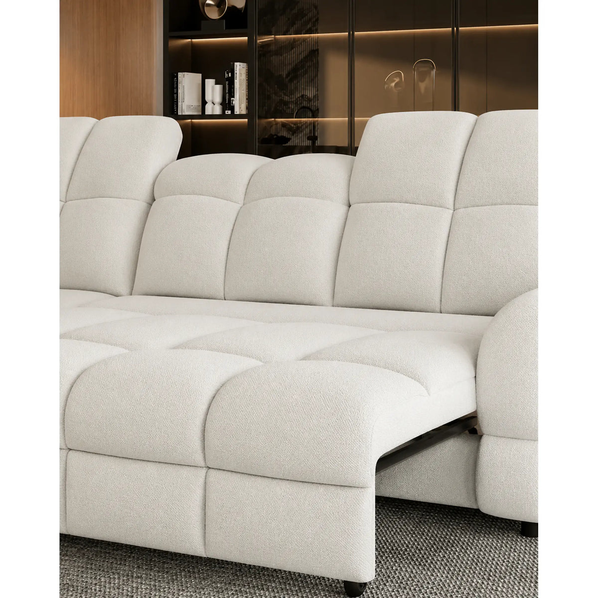 Coltar extensibil TOLLO L, sezlong stanga, stofa buclata alb - Bubble 01, cu lada depozitare si reglaj electric, 302x220x106 cm