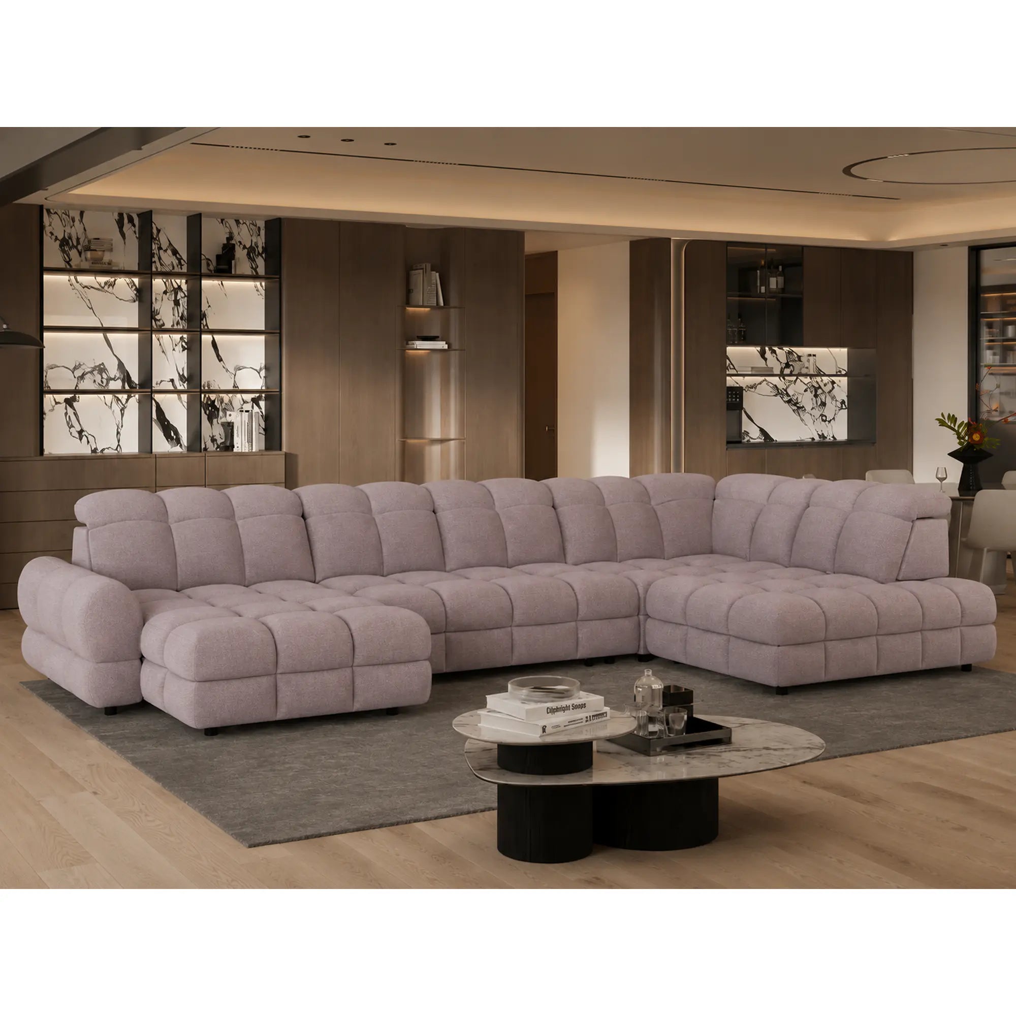 Coltar extensibil U TOLLO XL, sezlong dreapta, stofa catifelata bej - Whisper 3, cu lada depozitare si reglaj electric, 400x220x106 cm