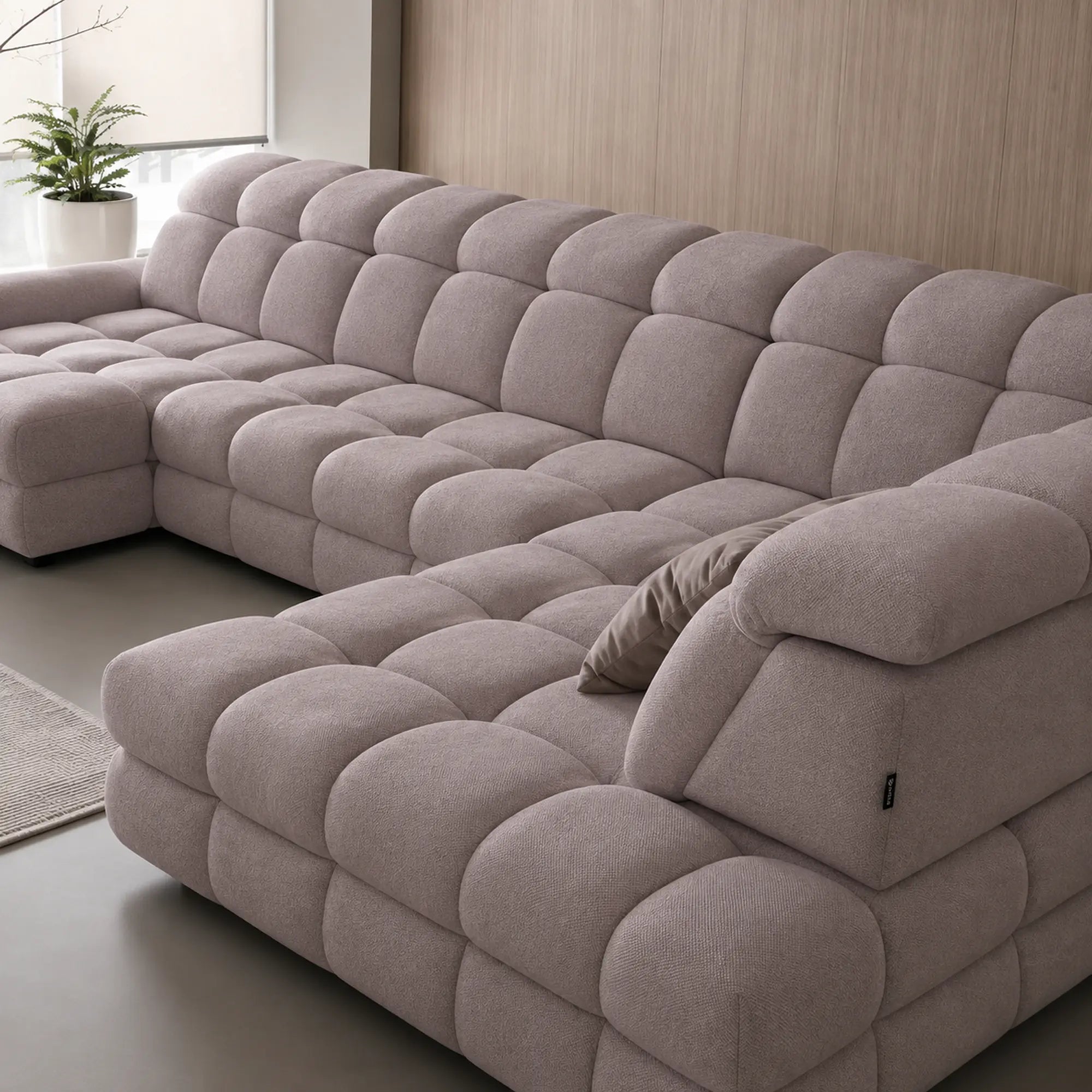 Coltar extensibil U TOLLO XL, sezlong dreapta, stofa catifelata bej - Whisper 3, cu lada depozitare si reglaj electric, 400x220x106 cm