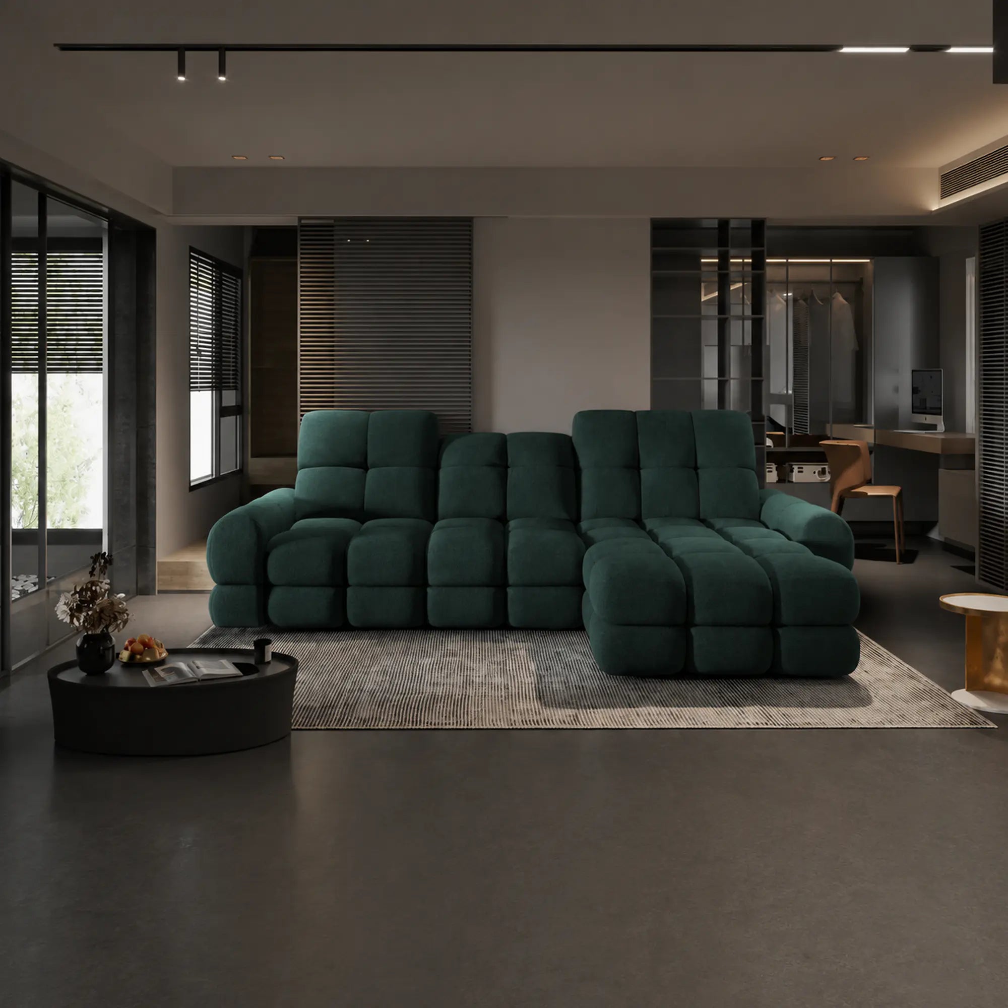 Coltar extensibil confortabil TOLLO MINI, sezlong dreapta, stofa catifelata verde inchis - Element 12, cu lada depozitare si reglaj electric, 283x171x105 cm