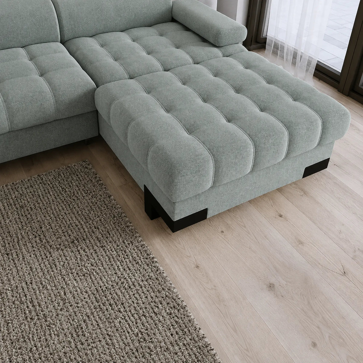 Coltar extensibil cu lada SELVA MINI, sezlong dreapta, stofa catifelata verde menta - Salvador 12, tetiere reglabile, 270x173x95 cm