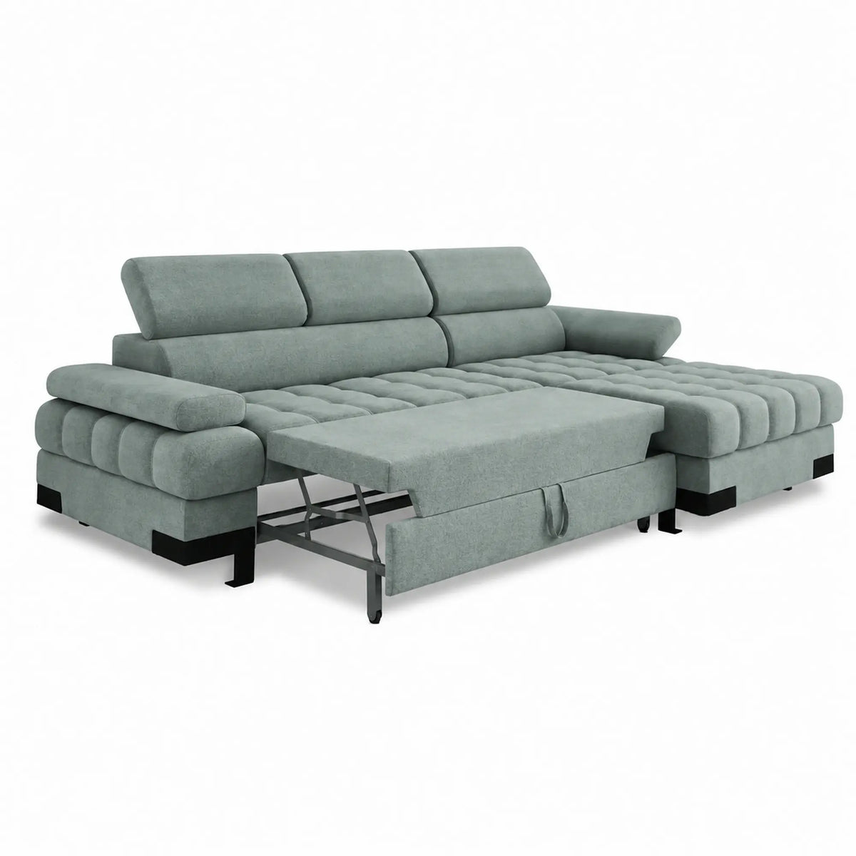 Coltar extensibil cu lada SELVA MINI, sezlong dreapta, stofa catifelata verde menta - Salvador 12, tetiere reglabile, 270x173x95 cm