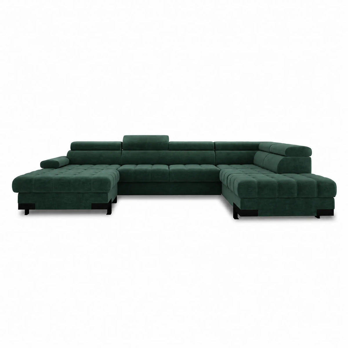 Coltar extensibil cu lada SELVA XL, sezlong dreapta, stofa catifelata verde - Riviera 38, cu tetiere reglabile, 339x223x95 cm