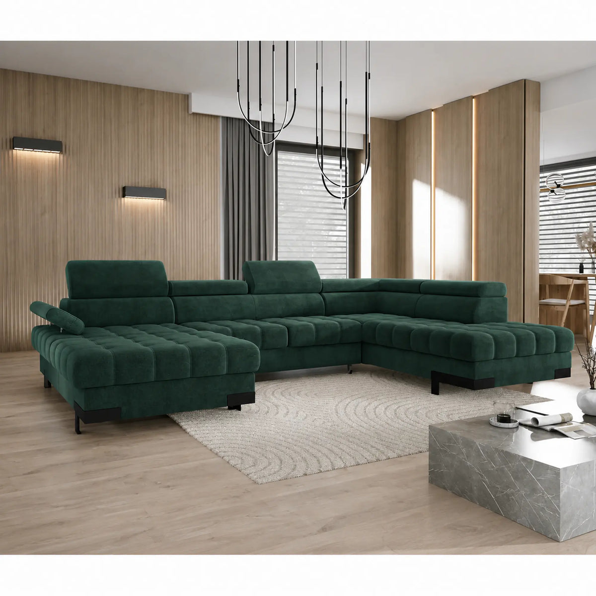 Coltar extensibil cu lada SELVA XL, sezlong dreapta, stofa catifelata verde - Riviera 38, cu tetiere reglabile, 339x223x95 cm