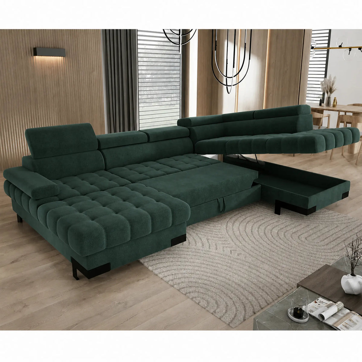 Coltar extensibil cu lada SELVA XL, sezlong dreapta, stofa catifelata verde - Riviera 38, cu tetiere reglabile, 339x223x95 cm