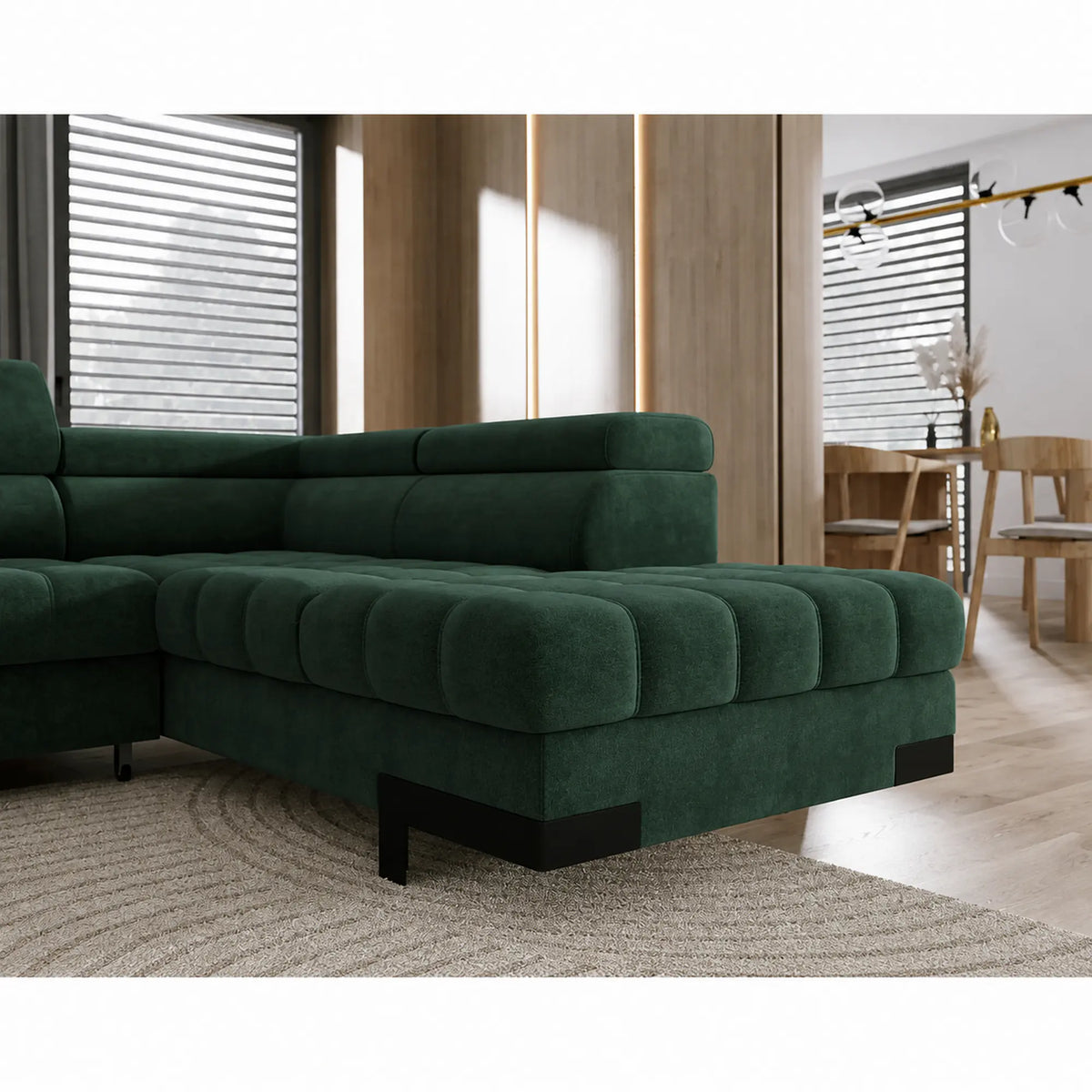 Coltar extensibil cu lada SELVA XL, sezlong dreapta, stofa catifelata verde - Riviera 38, cu tetiere reglabile, 339x223x95 cm