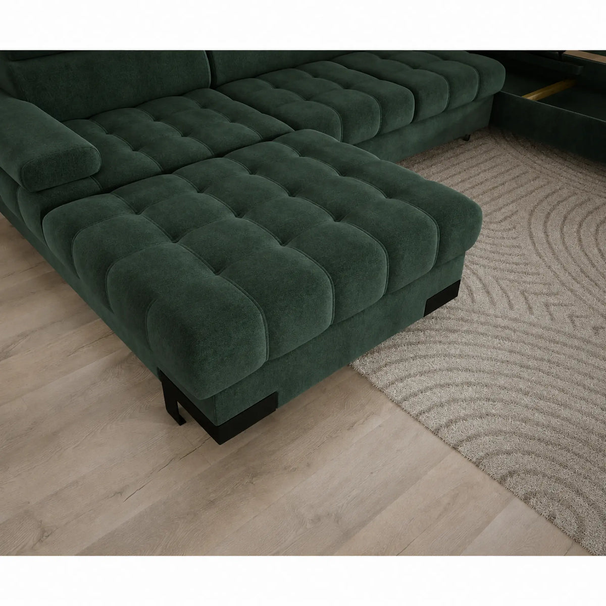Coltar extensibil cu lada SELVA XL, sezlong dreapta, stofa catifelata verde - Riviera 38, cu tetiere reglabile, 339x223x95 cm