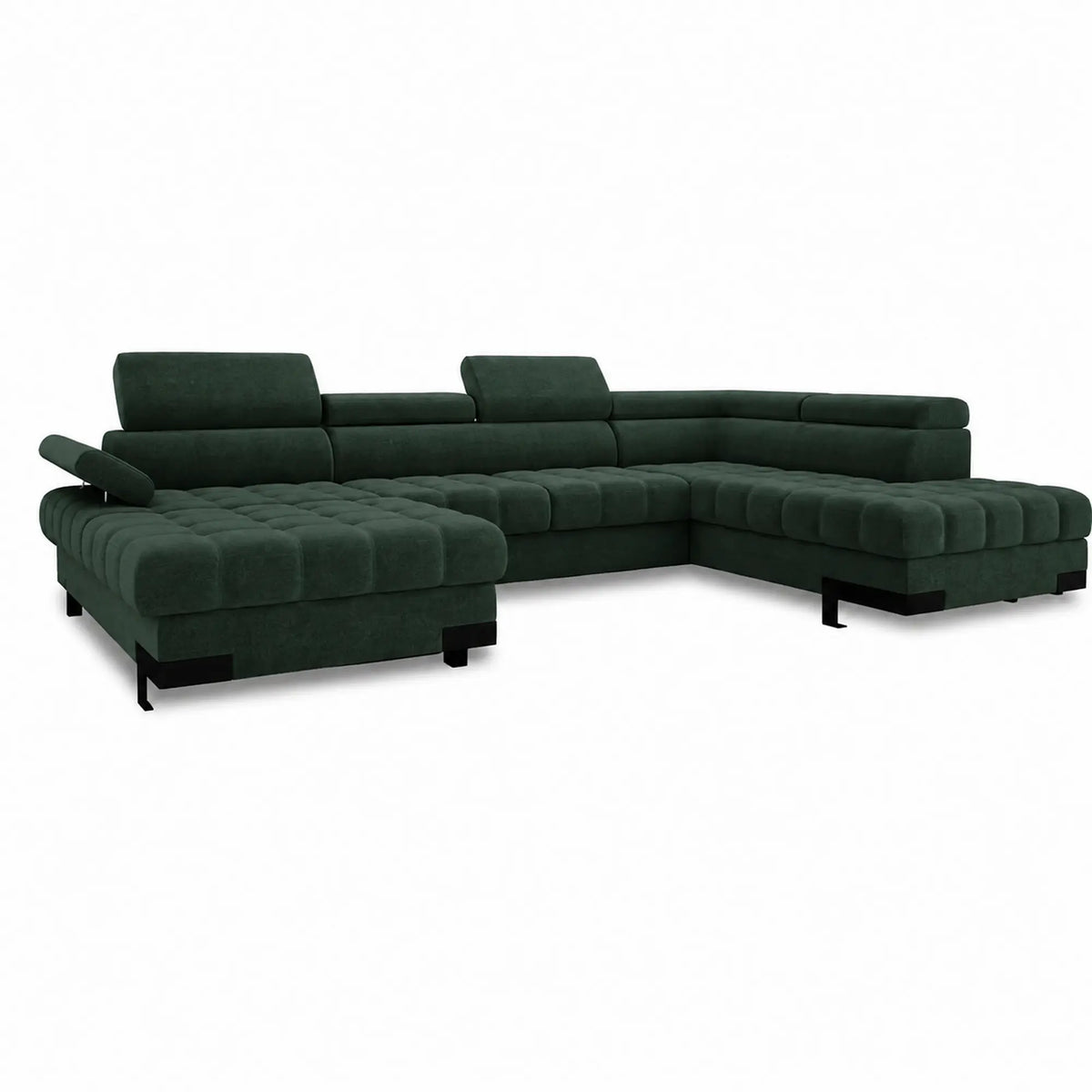 Coltar extensibil cu lada SELVA XL, sezlong dreapta, stofa catifelata verde - Riviera 38, cu tetiere reglabile, 339x223x95 cm