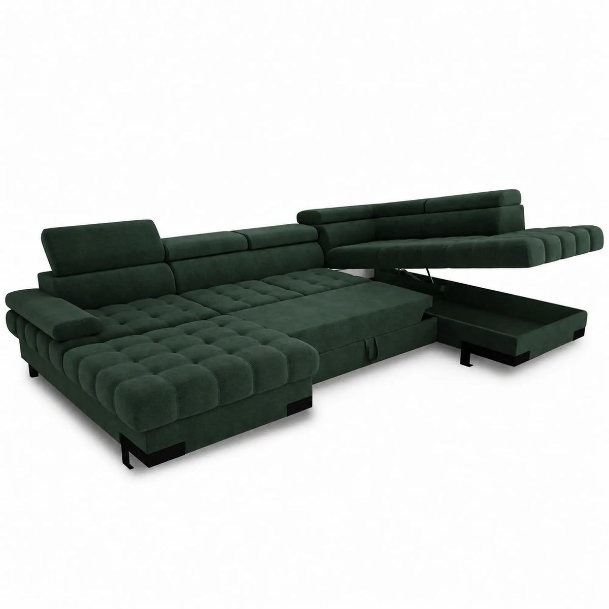Coltar extensibil cu lada SELVA XL, sezlong dreapta, stofa catifelata verde - Riviera 38, cu tetiere reglabile, 339x223x95 cm