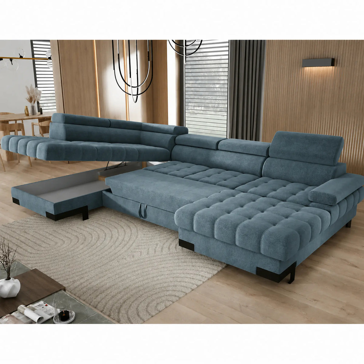 Coltar extensibil cu lada SELVA XL, sezlong stanga, stofa catifelata turcoaz inchis - Riviera 87, cu tetiere reglabile, 339x223x95 cm