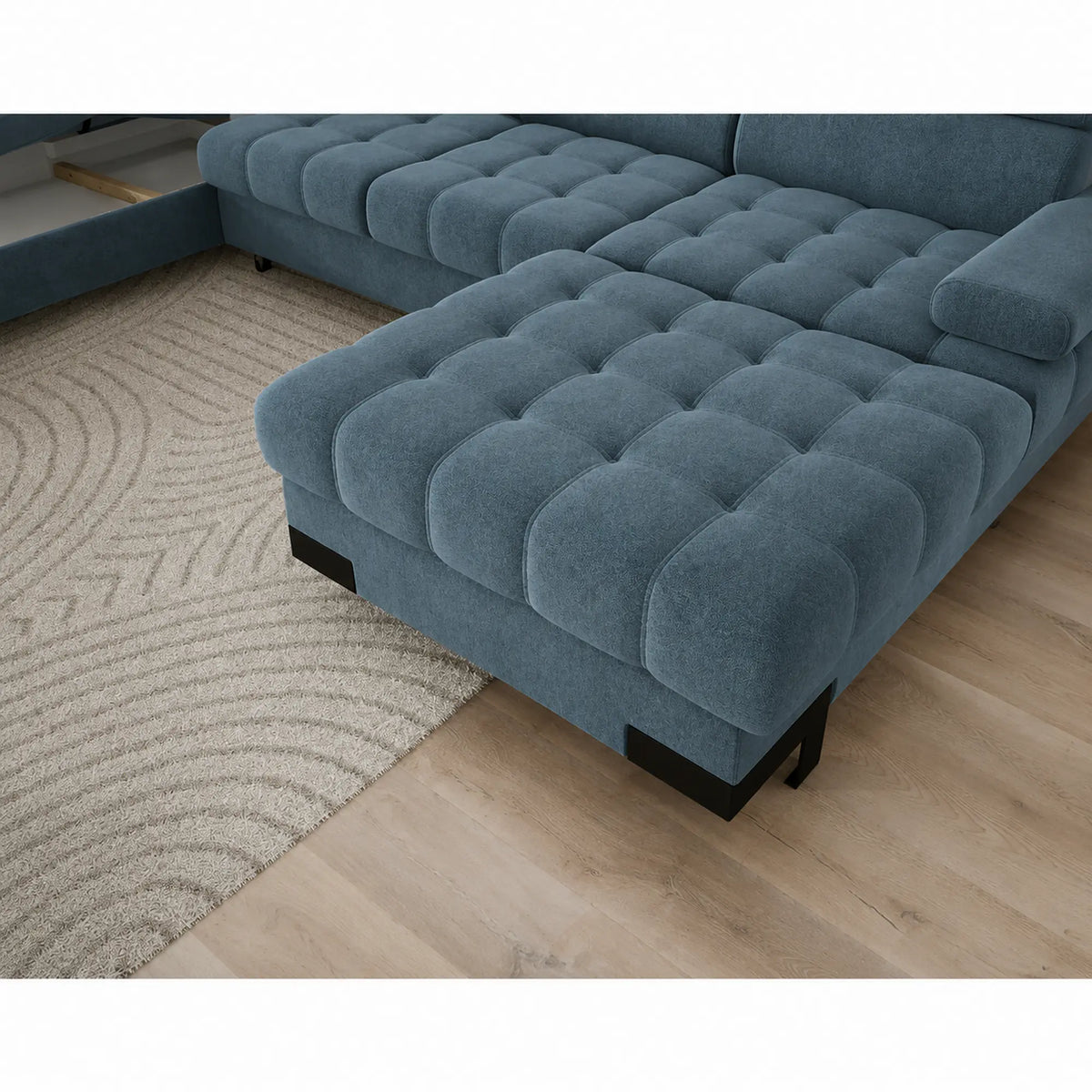 Coltar extensibil cu lada SELVA XL, sezlong stanga, stofa catifelata turcoaz inchis - Riviera 87, cu tetiere reglabile, 339x223x95 cm