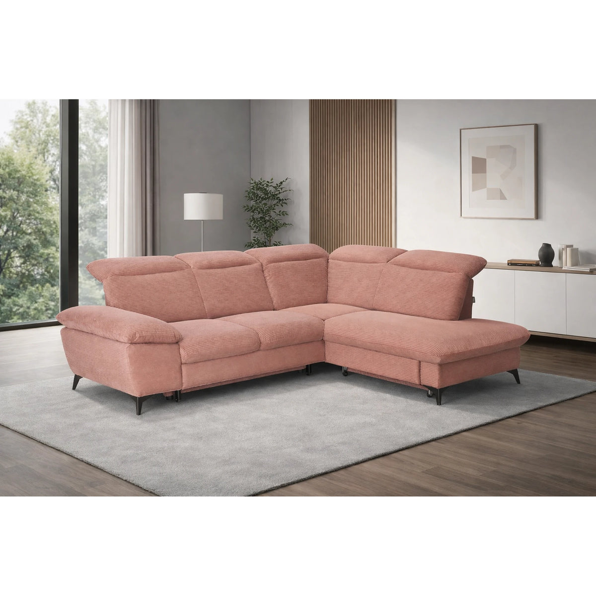 Coltar extensibil modern living LUNA, sezlong dreapta, stofa clasica bej - Campsbay R463, 268x212x101 cm