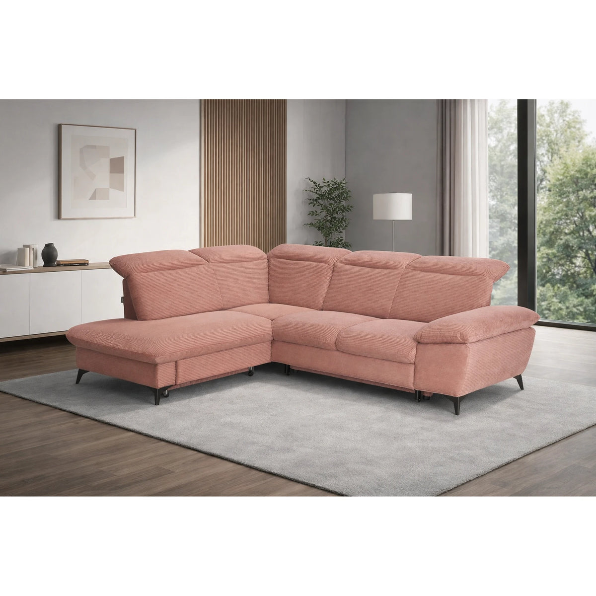Coltar extensibil modern living LUNA, sezlong stanga, stofa clasica bej - Campsbay R463, 268x212x101 cm