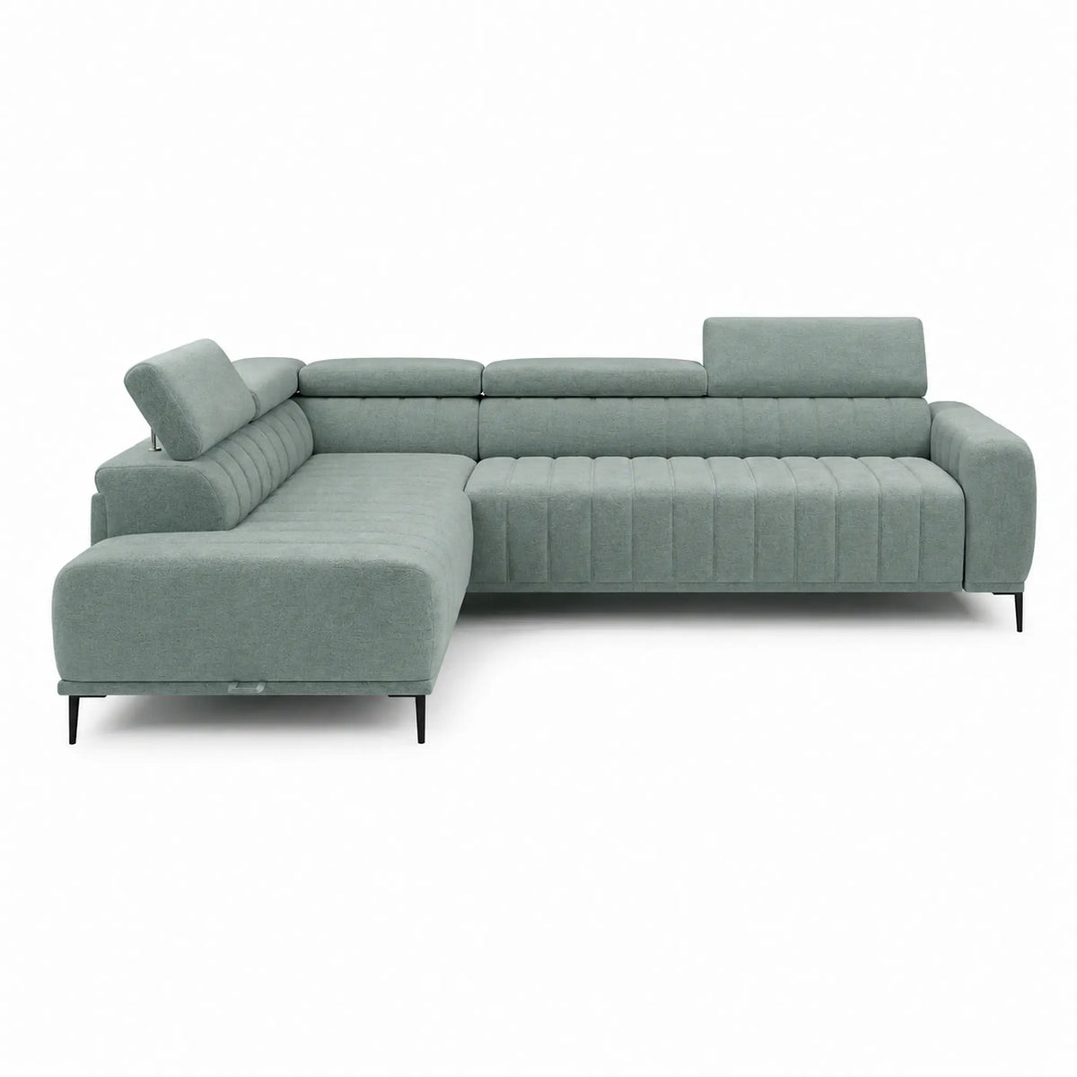Coltar extensibil stofa catifelata GANDI 140, sezlong stanga, verde menta - Salvador 12, cu lada depozitare si tetiere reglabile, 281x204x99 cm
