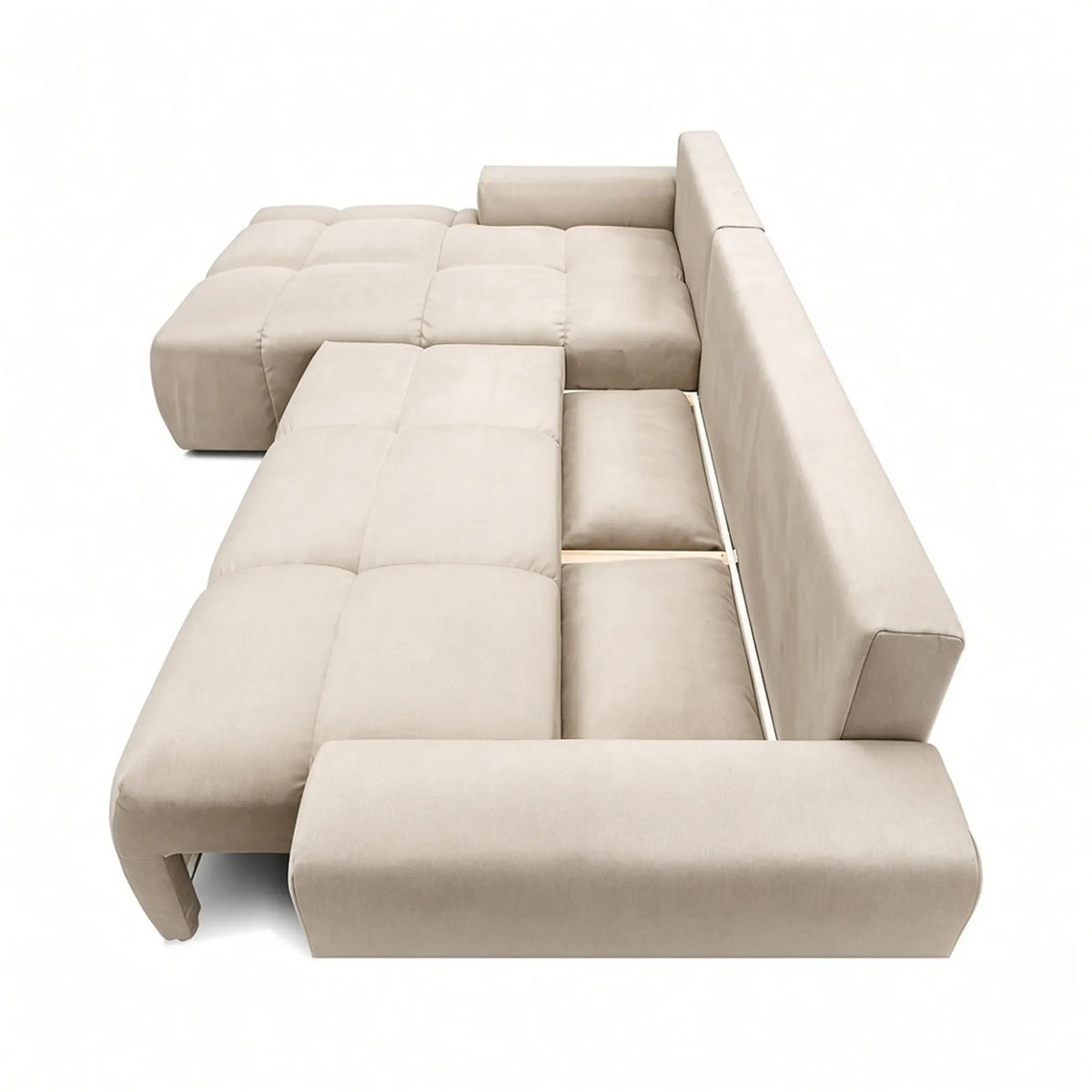 Coltar living stofa ATLANTIC, sezlong stanga, catifea bej - Element 17, cu lada depozitare, 305x214x94 cm