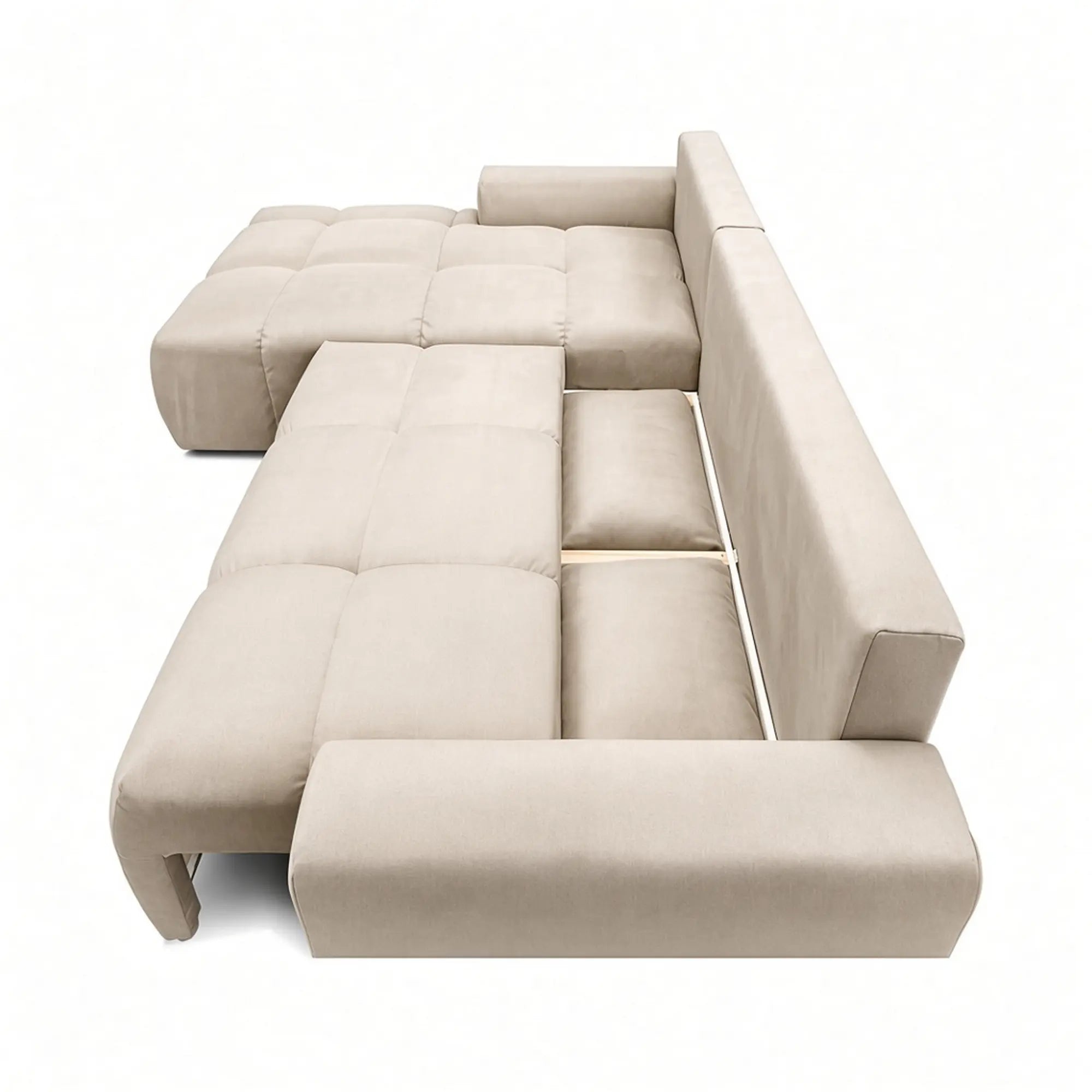 Coltar living stofa ATLANTIC, sezlong stanga, catifea bej - Element 17, cu lada depozitare, 305x214x94 cm