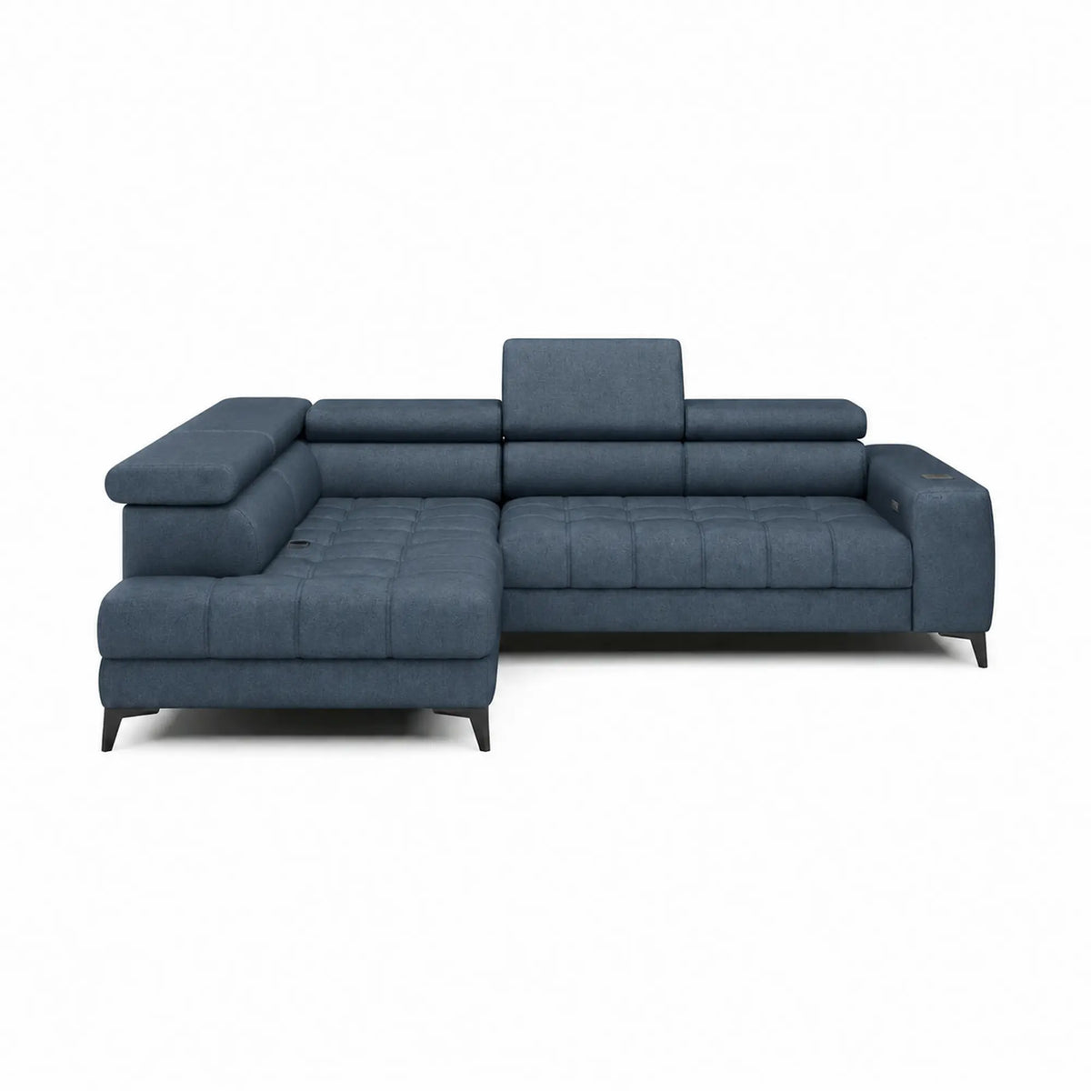 Coltar modern pentru living BAGGIO, sezlong stanga, stofa catifelata albastru - Whisper 12, cu reglaj electric, incarcator wireless, 280x196x100 cm