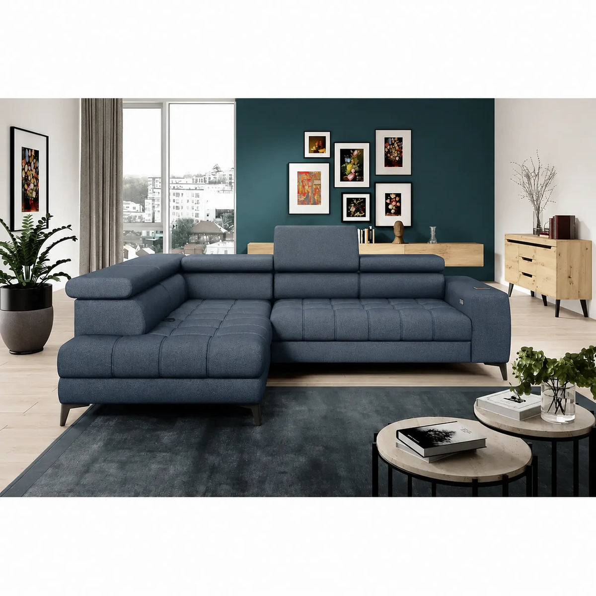 Coltar modern pentru living BAGGIO, sezlong stanga, stofa catifelata albastru - Whisper 12, cu reglaj electric, incarcator wireless, 280x196x100 cm